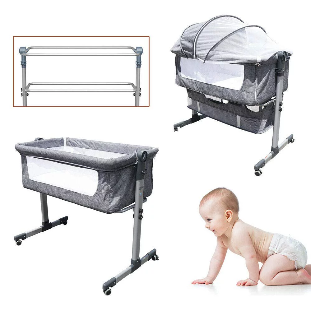 Loyalheartdy Portable Removable Infant Crib Gray Baby Bassinet Cradle Bedside Sleeper w/Detachable Mattress, Adjustable Height
