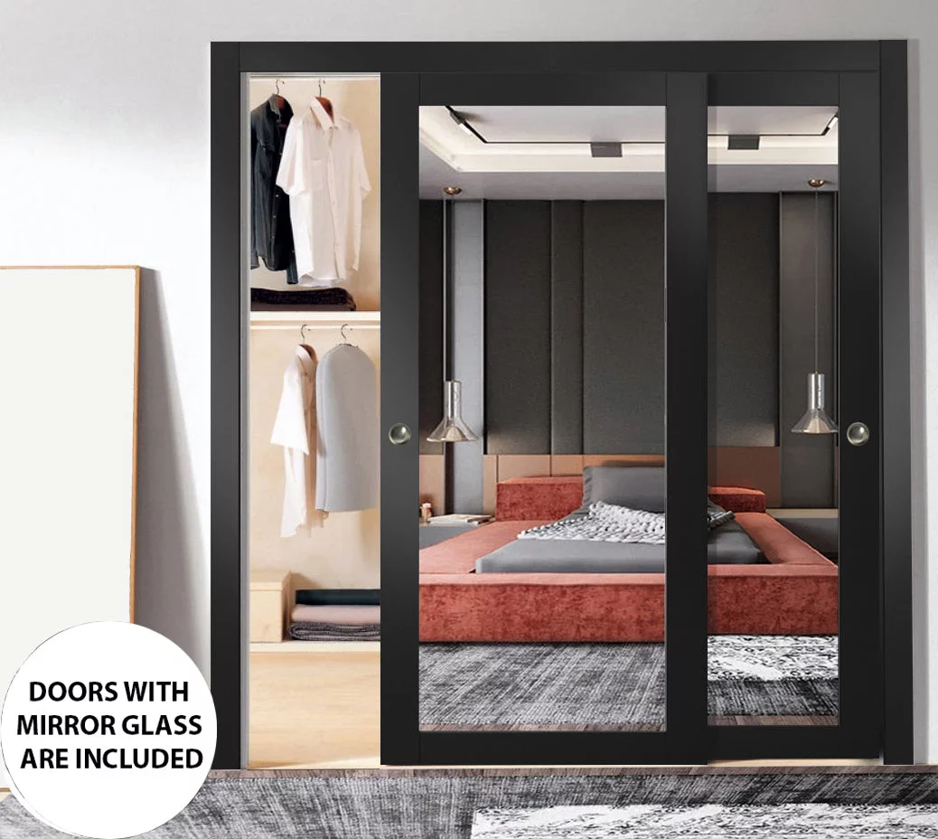 Sliding Closet Bypass Doors 60 x 80 inches | Lucia 1299 Matte Black with Mirror | Sturdy Rails Moldings Trims Hardware Set | Wood Solid Bedroom Wardrobe Doors