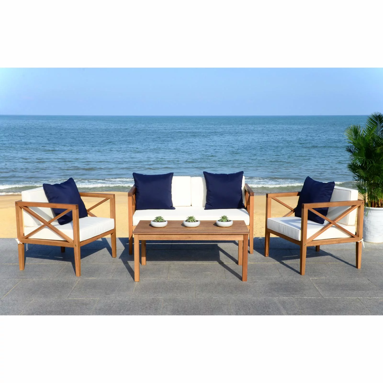 SAFAVIEH Nunzio Outdoor 4 Pc Conversational Set, White/Navy