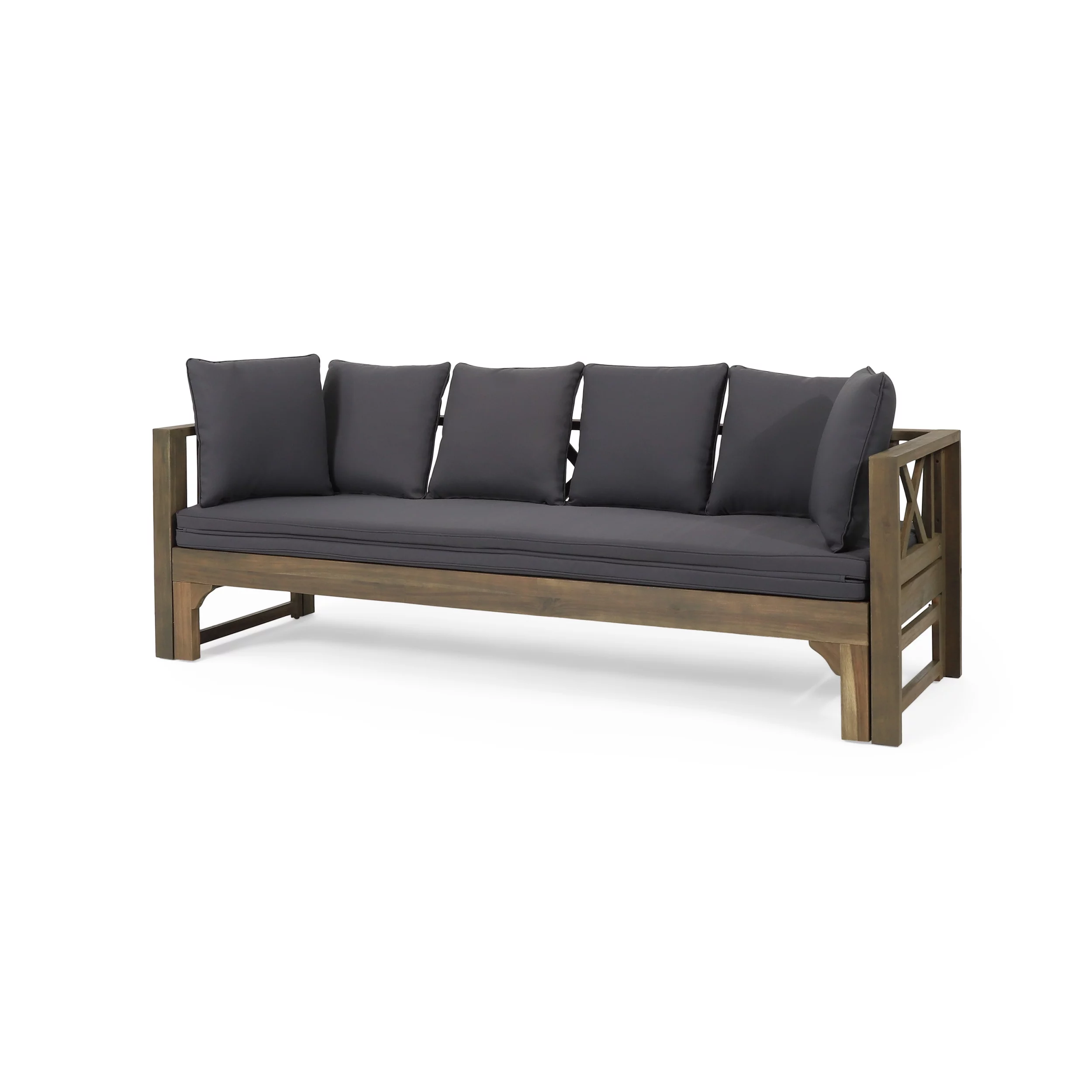 Reyes Acacia Wood Outdoor Extendable Daybed Sofa, Gray and Dark Gray
