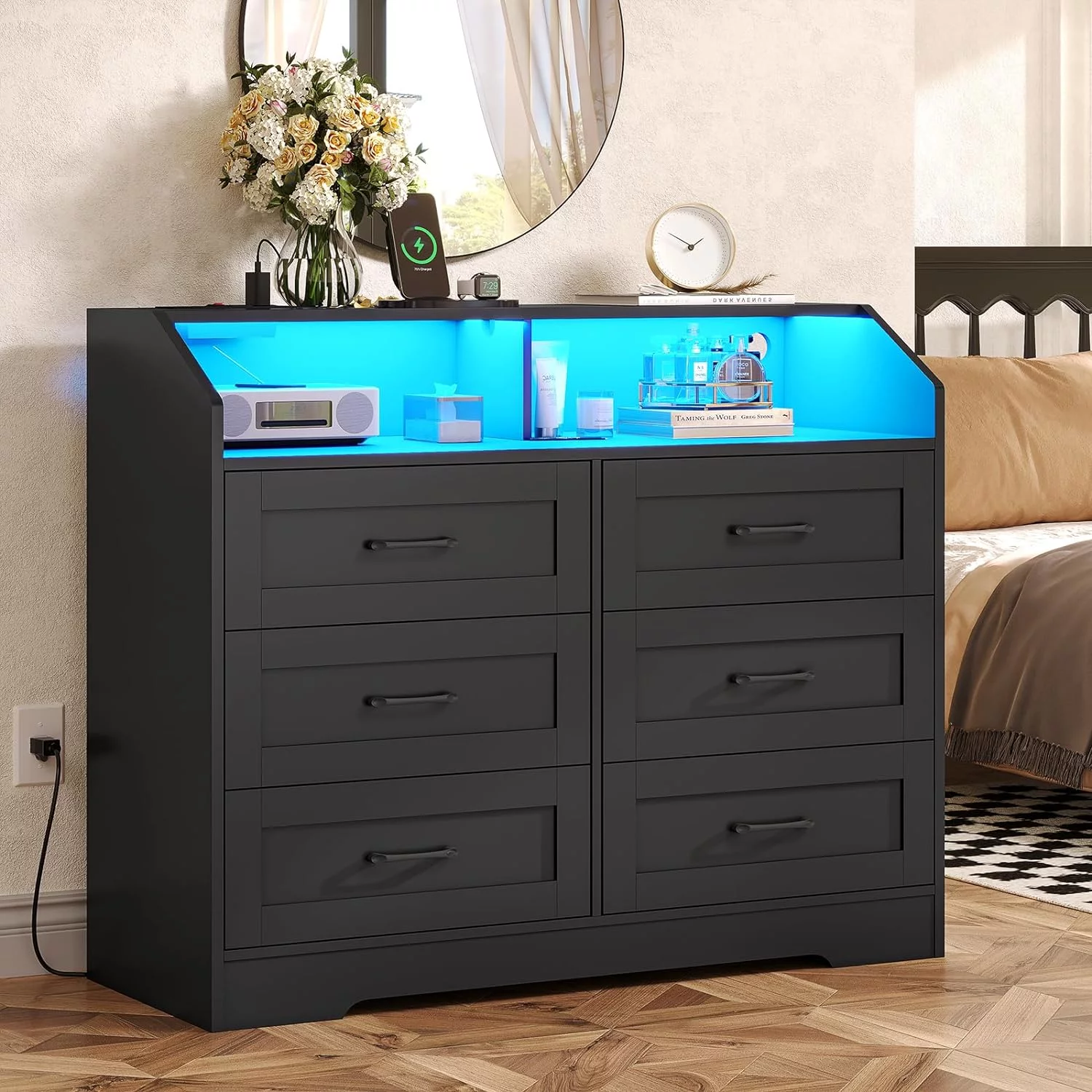SEDETA 6 Drawer Dresser for Bedroom with LED Lights, Black Chest of Drawers with Storage Cubby for Bedroom, Living Room, Hallway