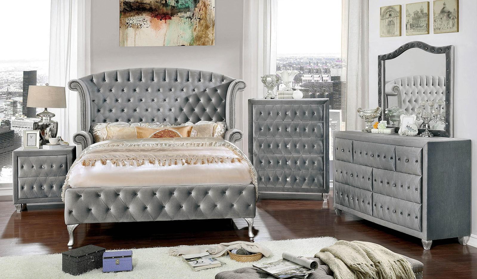 Glam Gray Solid Wood King Bedroom Set 5pcs FOA CM7150 Alzir