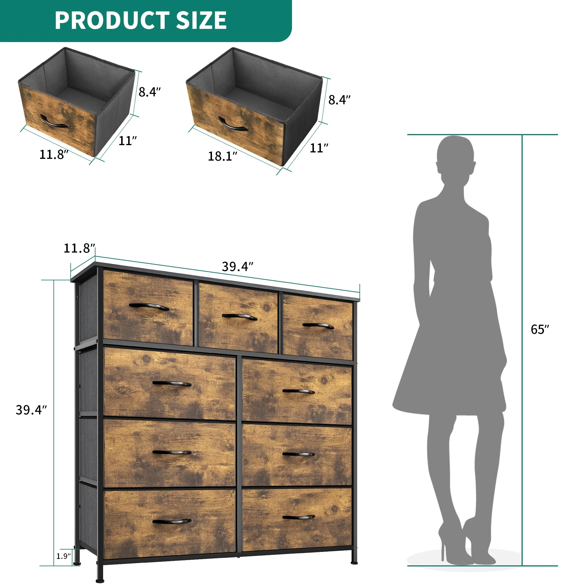 Modern 9-drawer Bedroom Dresser Storage Tower Rustic