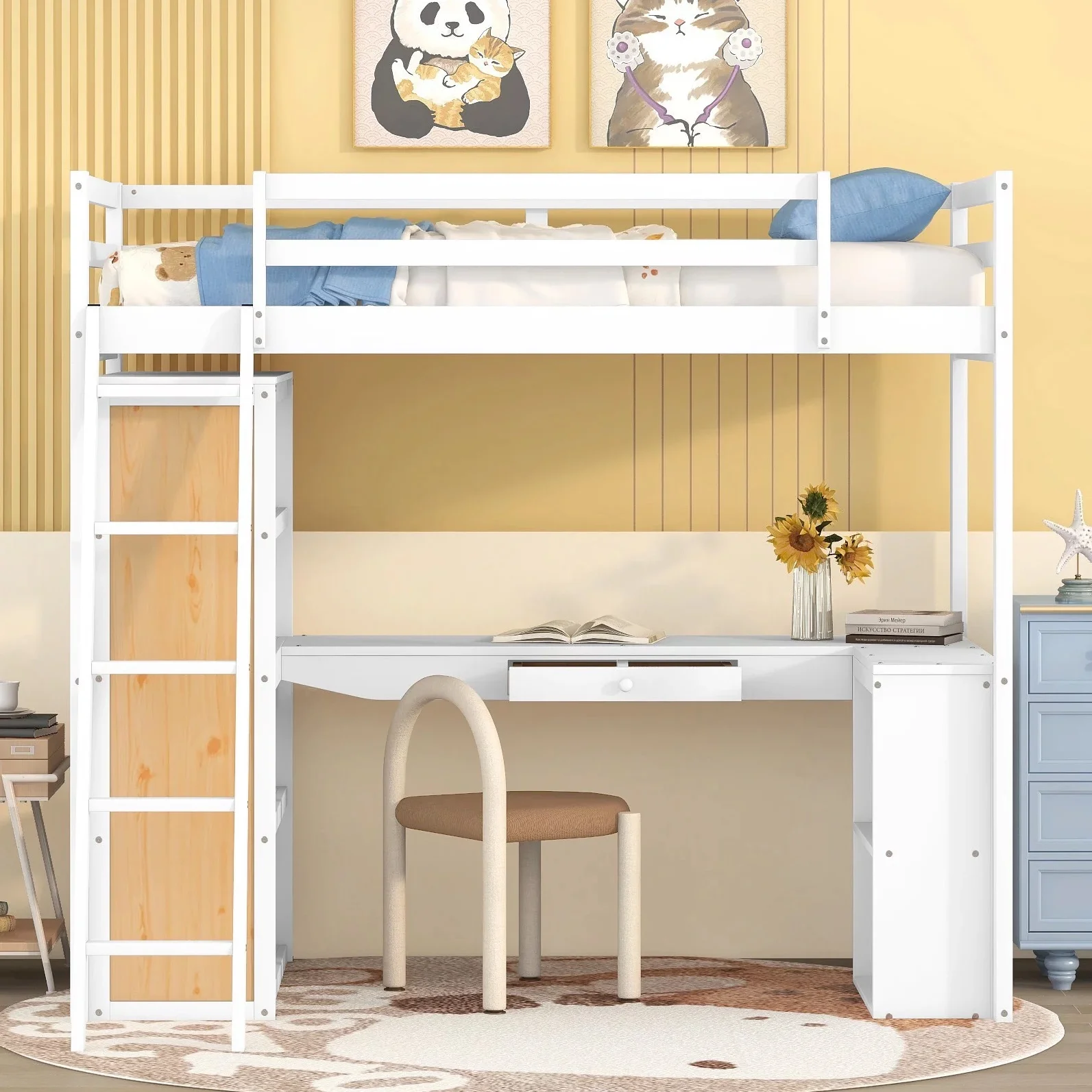 Bellemave Twin Size Loft Bed with Desk and Shelves, Wood Loft Bed Frame with with Storage Drawer, Modern High Loft Bed for Kids Teens Adults (White)