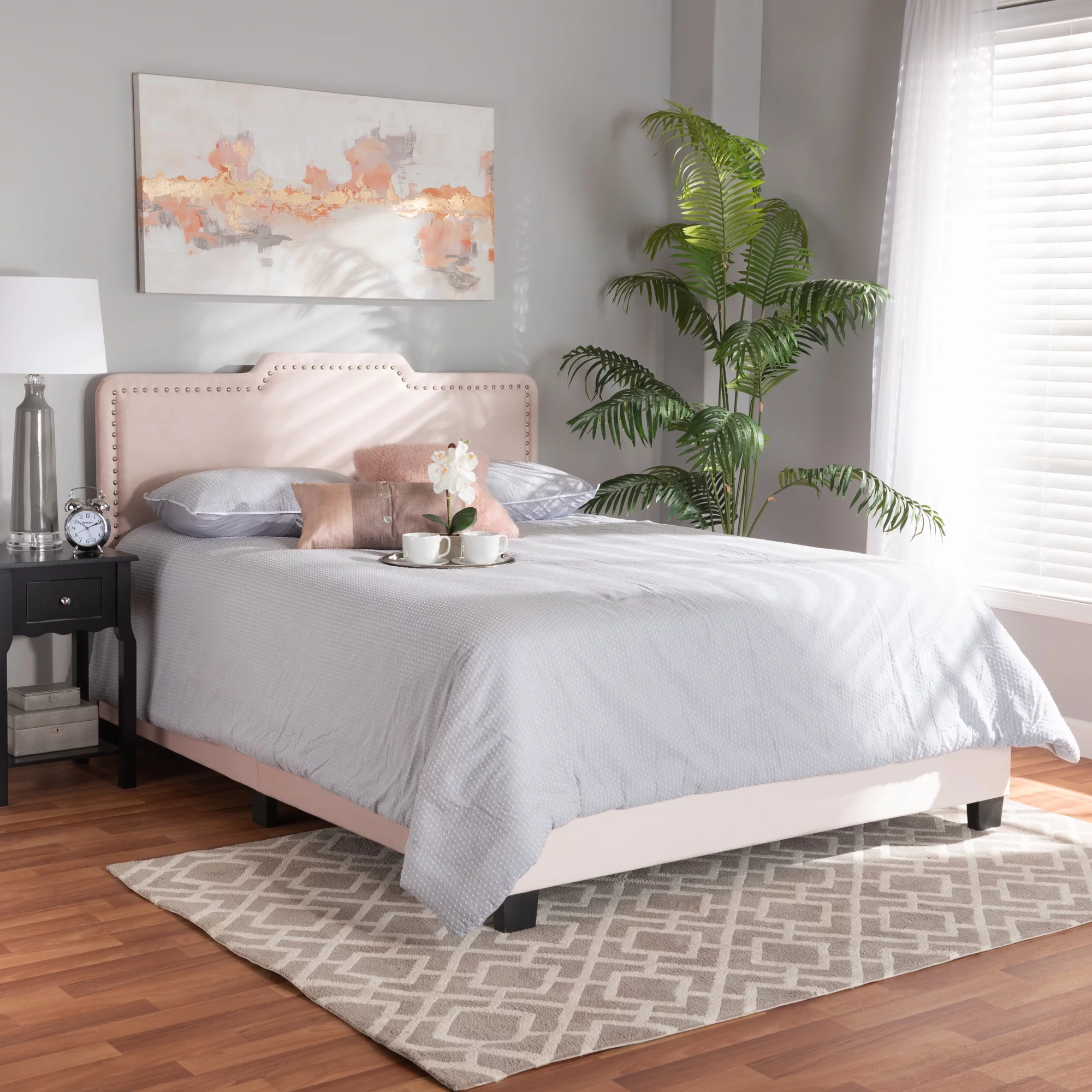 Baxton Studio Benjen Contemporary/Modern Velvet Back Support Panel Bed, Queen, Light Pink/Black