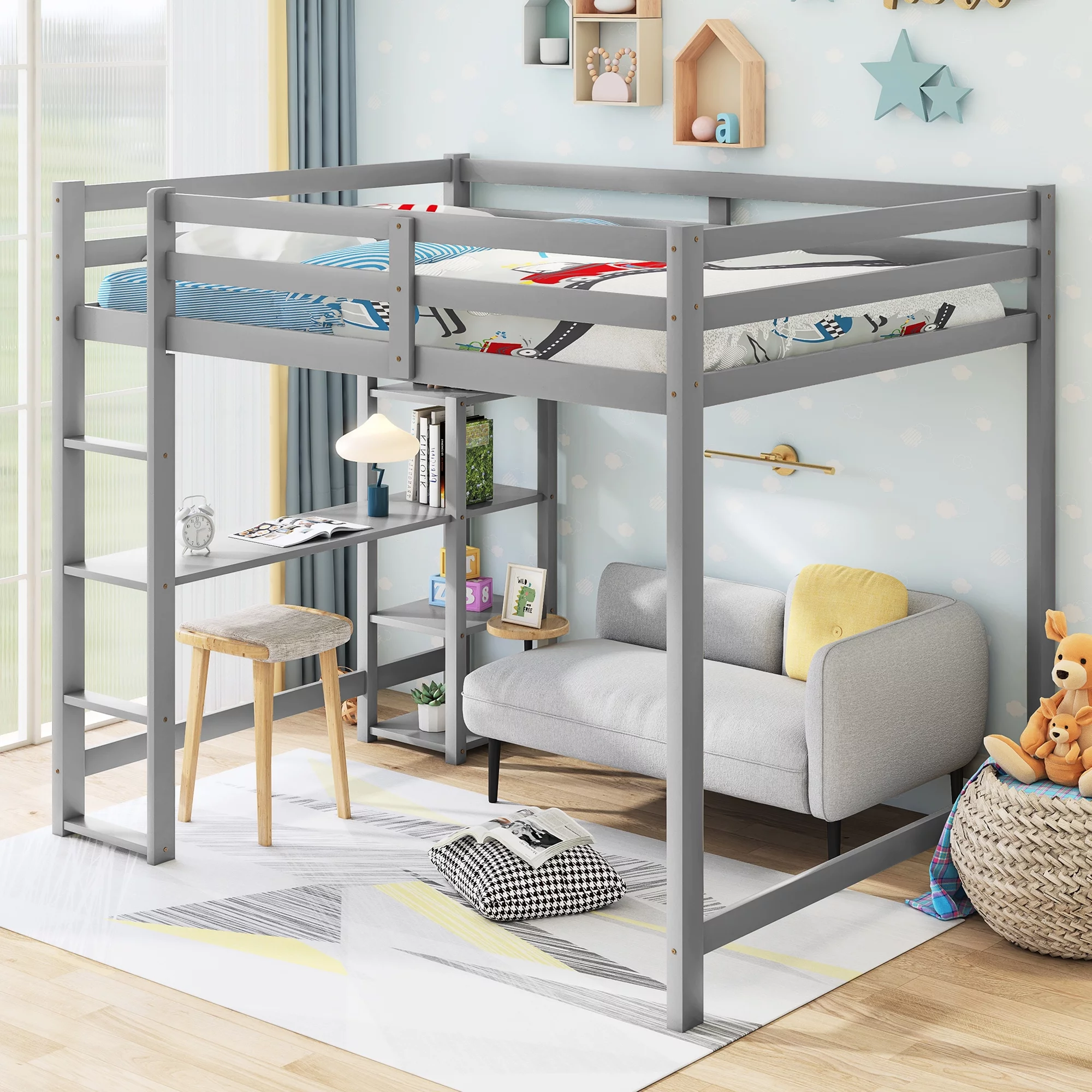 Euroco Full Loft Bed with Built-in Desk and Shelf for Kids Bedroom, Gray