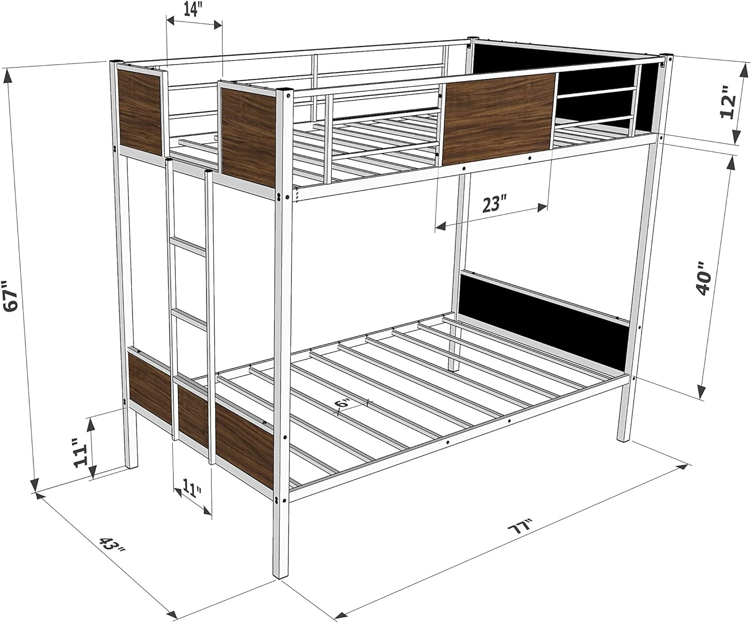 LYT0BLK Lynfield Bunk Bed - Two Metal Beds With Two Steps Ladder And Guard Rails - Over Bunk Bed - Black Powder Coating Color