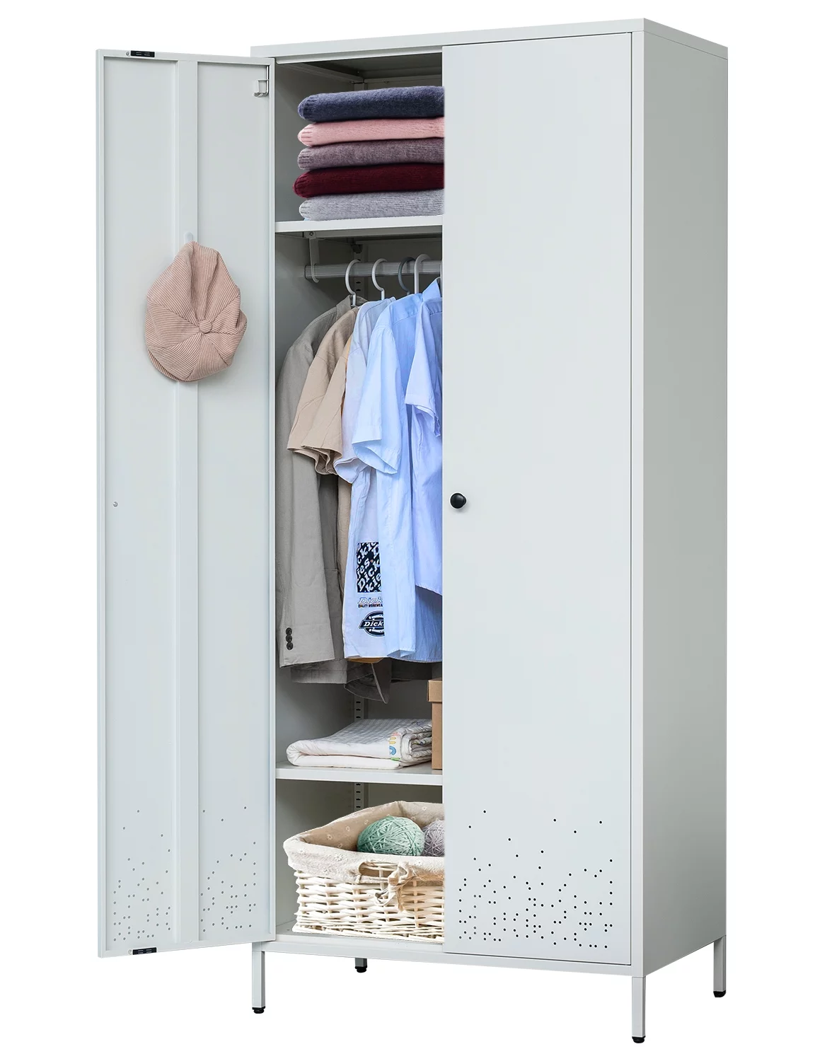 Storage Cabinet, Metal Wardrobe Armoire Closet with Hanging Rod for Bedroom, Laundry Room(White)