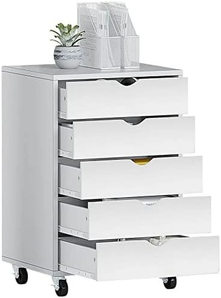 KHBIULIFE 5 Drawer for Bedroom Dressers & Chests of Drawers with Wheels Under Desk Home Office Closet Dresser Wood Nightstand Cabinet White