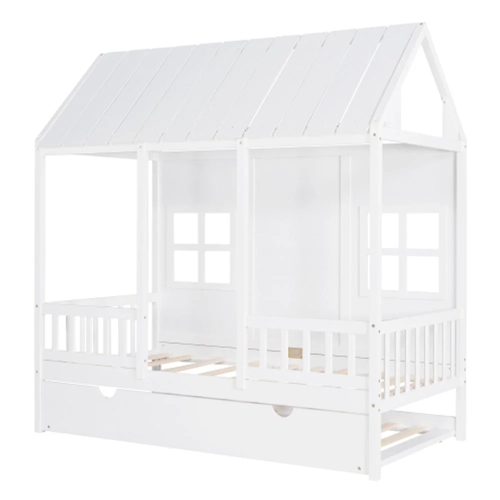Twin Size Wood House Bed With Twin Size Trundle, Wooden Daybed, White
