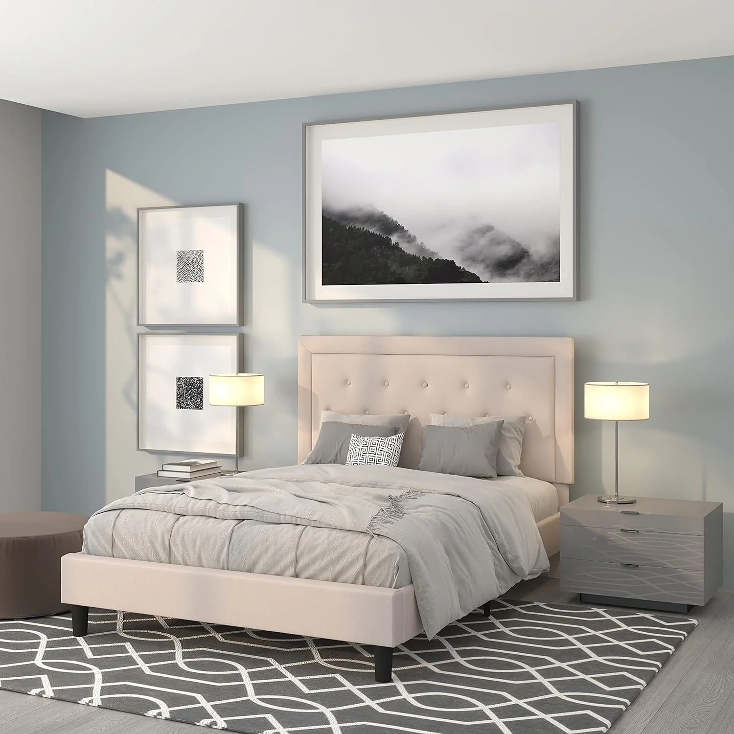 Queen Size Panel ufed Upholsered Plaform Bed In Beige Fabric