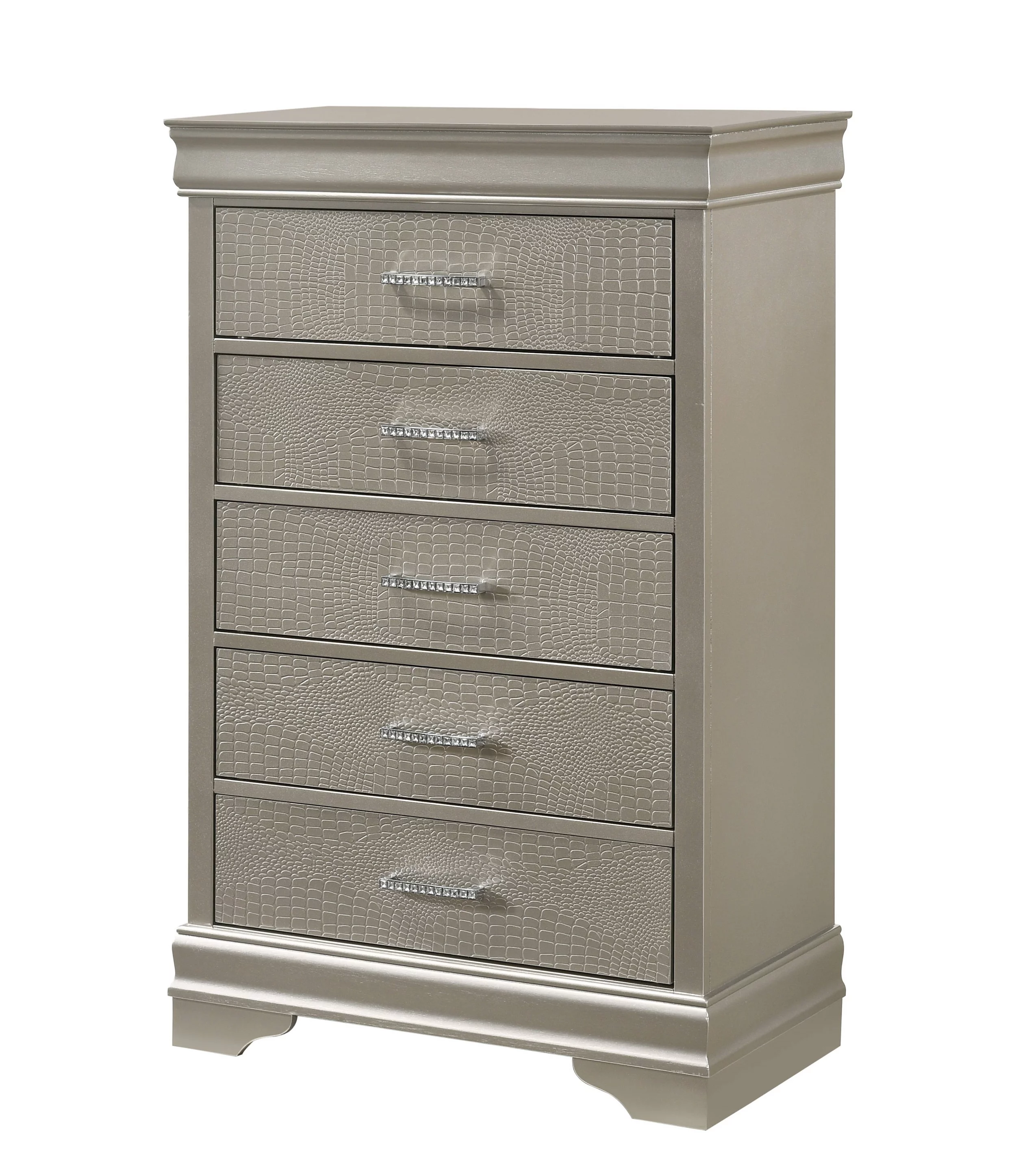 6Pc Silver Finish King Size Panel Upholstered Bed Dresser Mirror Nightstand Chest Set Wooden Bedroom Furniture