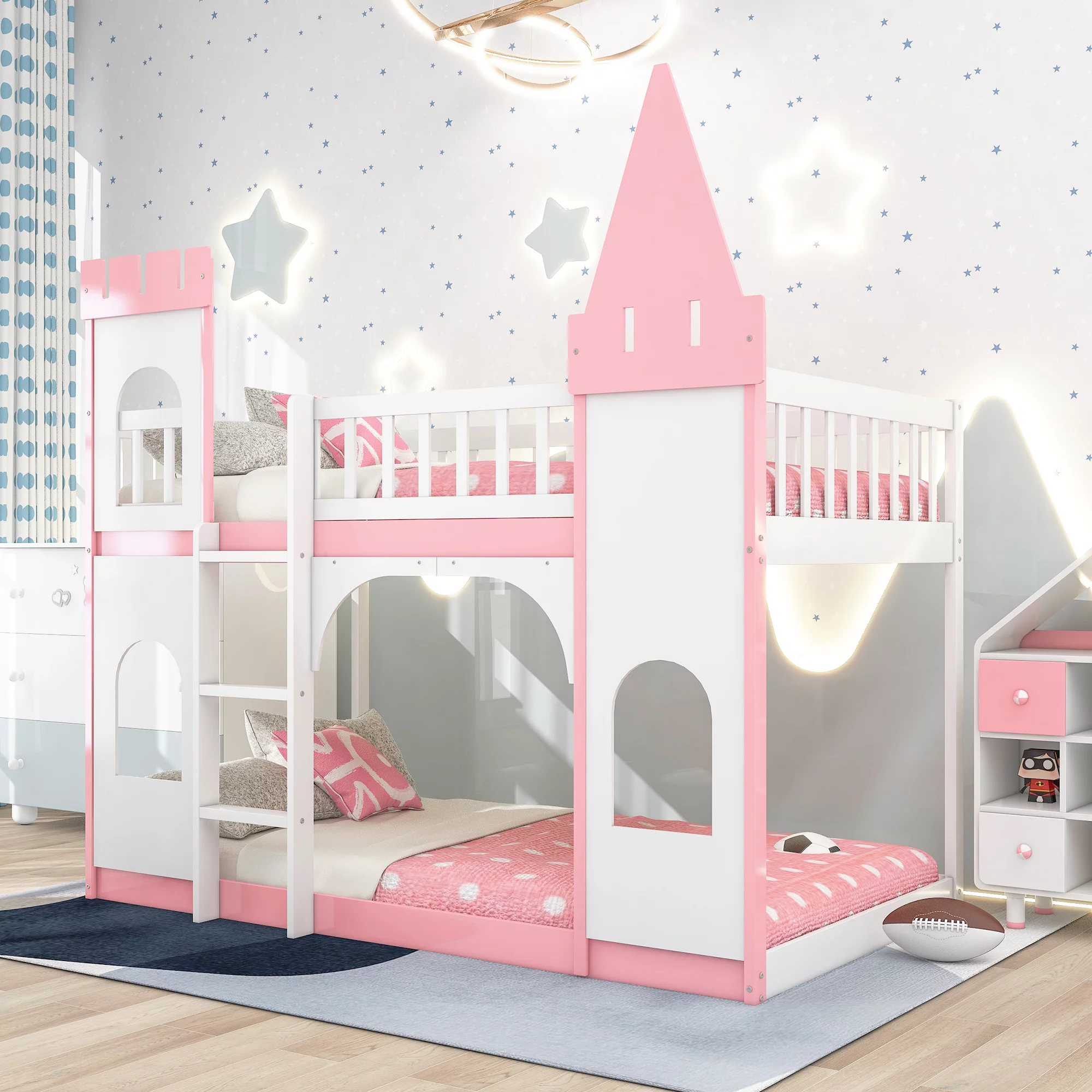 Twin Over Twin Castle Solid Wood Bunk Bed with Ladder, Reinforced Structure for Toddler Kids Teens, Space-Saving Design(Pink )