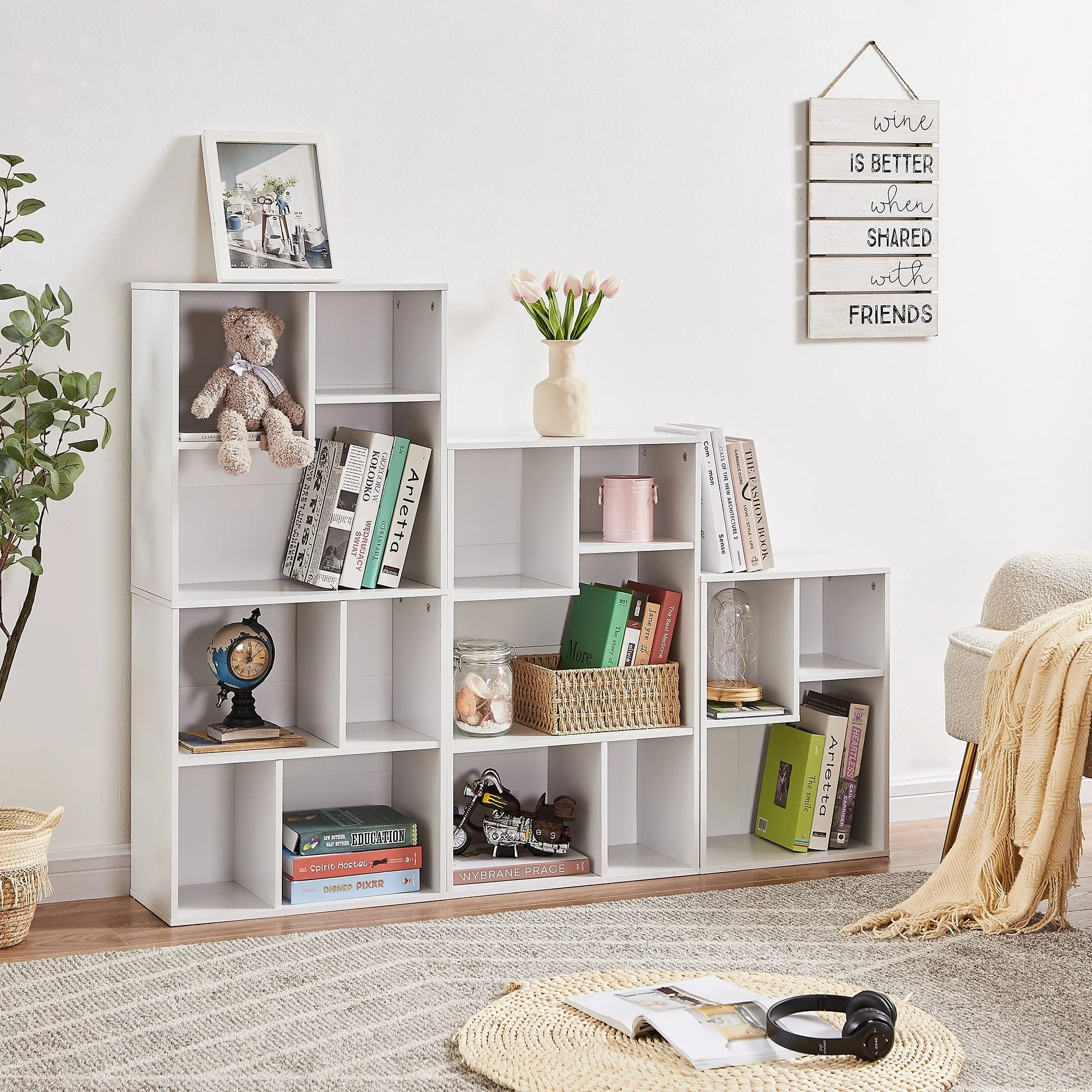 4 Colors Available Ladder Wooden Bookshelf L Shaped Freestanding 15 Cubes Stepped Etagere Bookcase Corner Display Bookshelf Grey