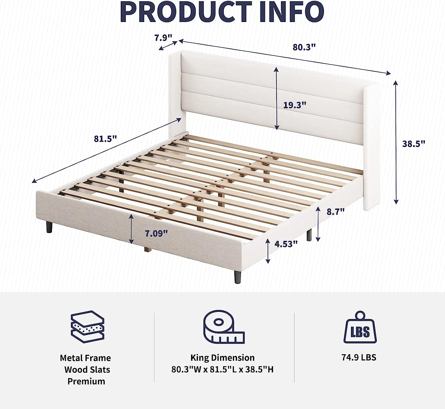 ZAFLY King Bed Frame and Fabric Wingback Headboard, Upholstered King Size Platform Bed Frame, Wood Slat Support, No Box Spring Needed (Beige, King)