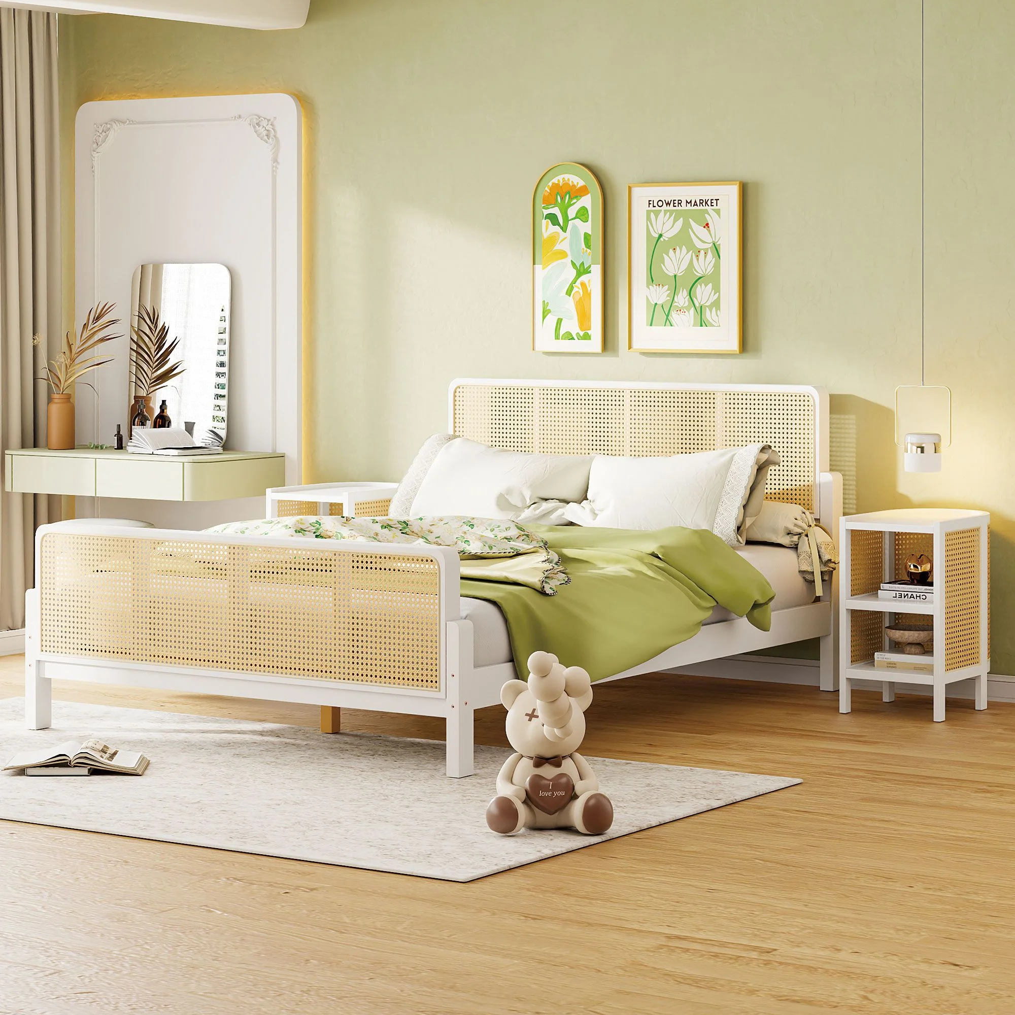 Aukfa Full Size Platform Bed with 2 Nightstands, 3 Pieces Rattan Bedroom Sets, White