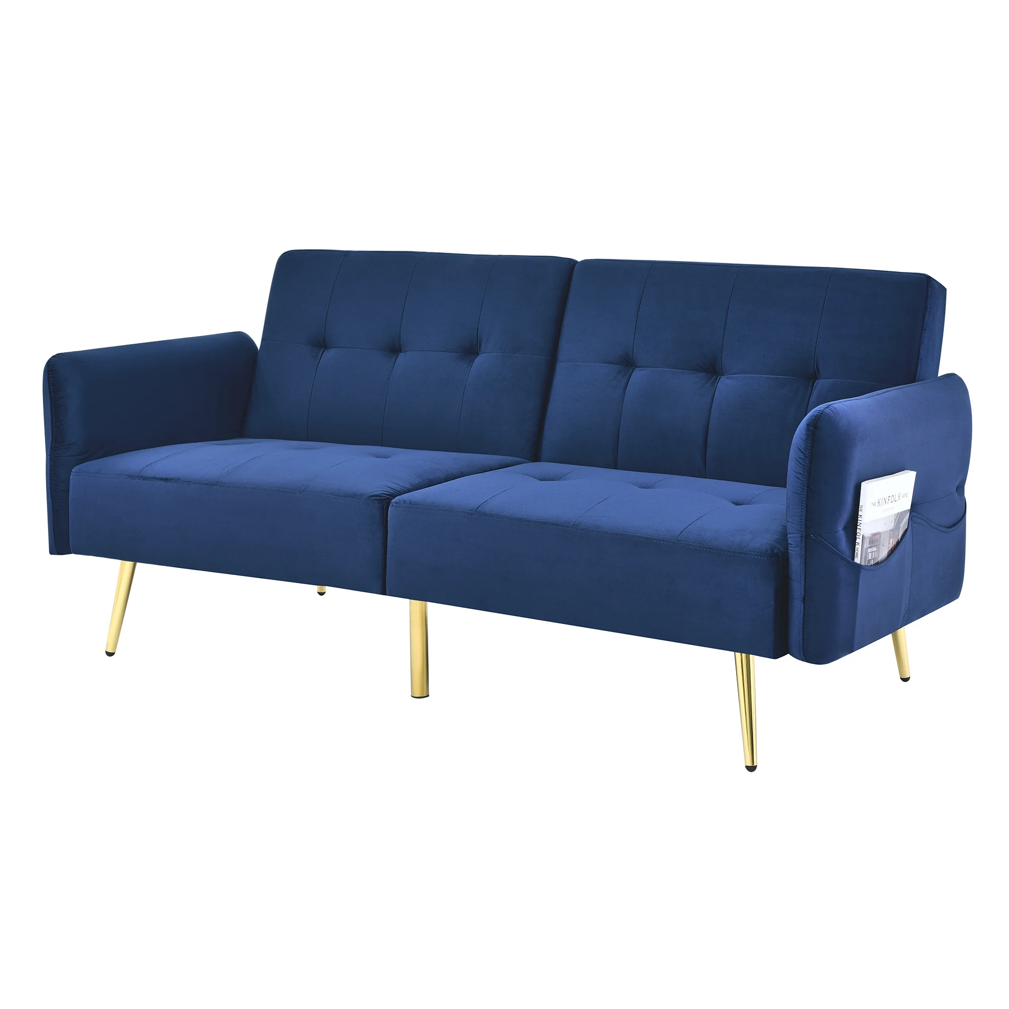 Modern Velvet Folding Futon Sofa Bed, Convertible Sleeper Couch Loveseat Recliner with Gold Metal Legs for Living Room Bedroom Office