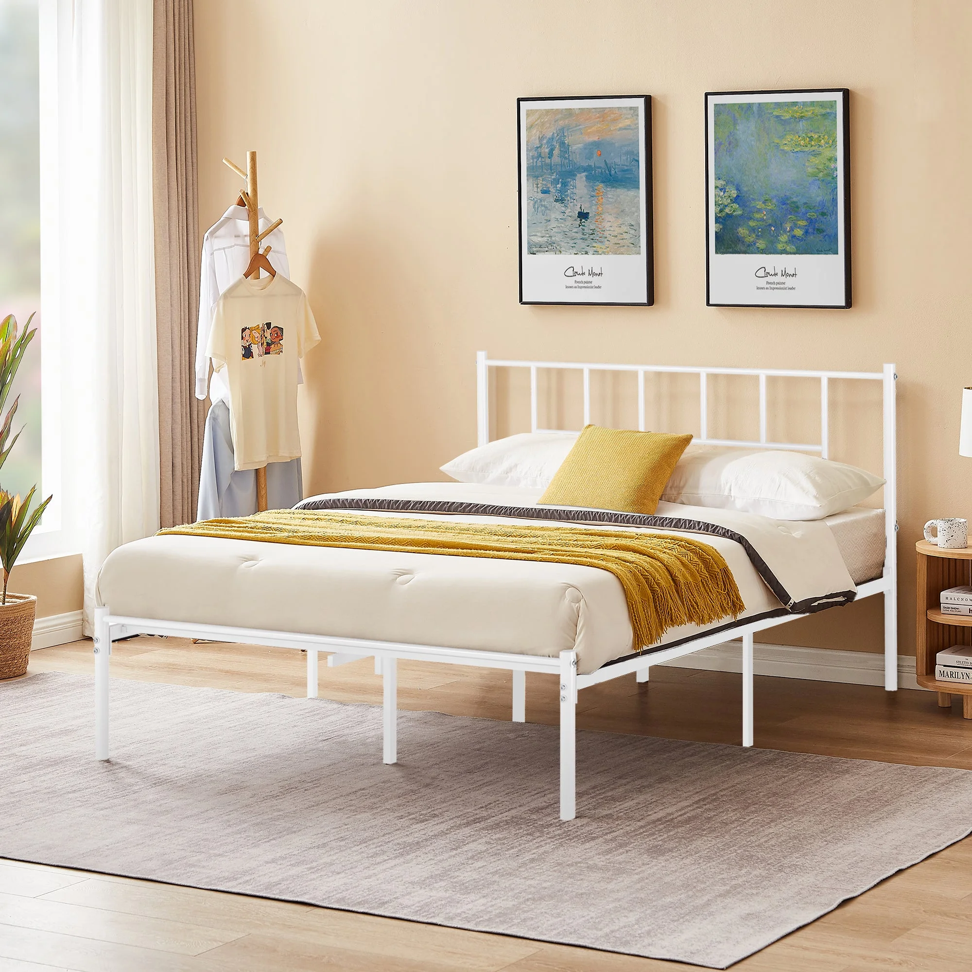 VECELO Queen Size Metal Platform Bed Frame with Headboard, Heavy Duty Metal Bed Frame Mattress Foundation with Steel Slats Support, No Box Spring Needed, Easy to Assembly, White