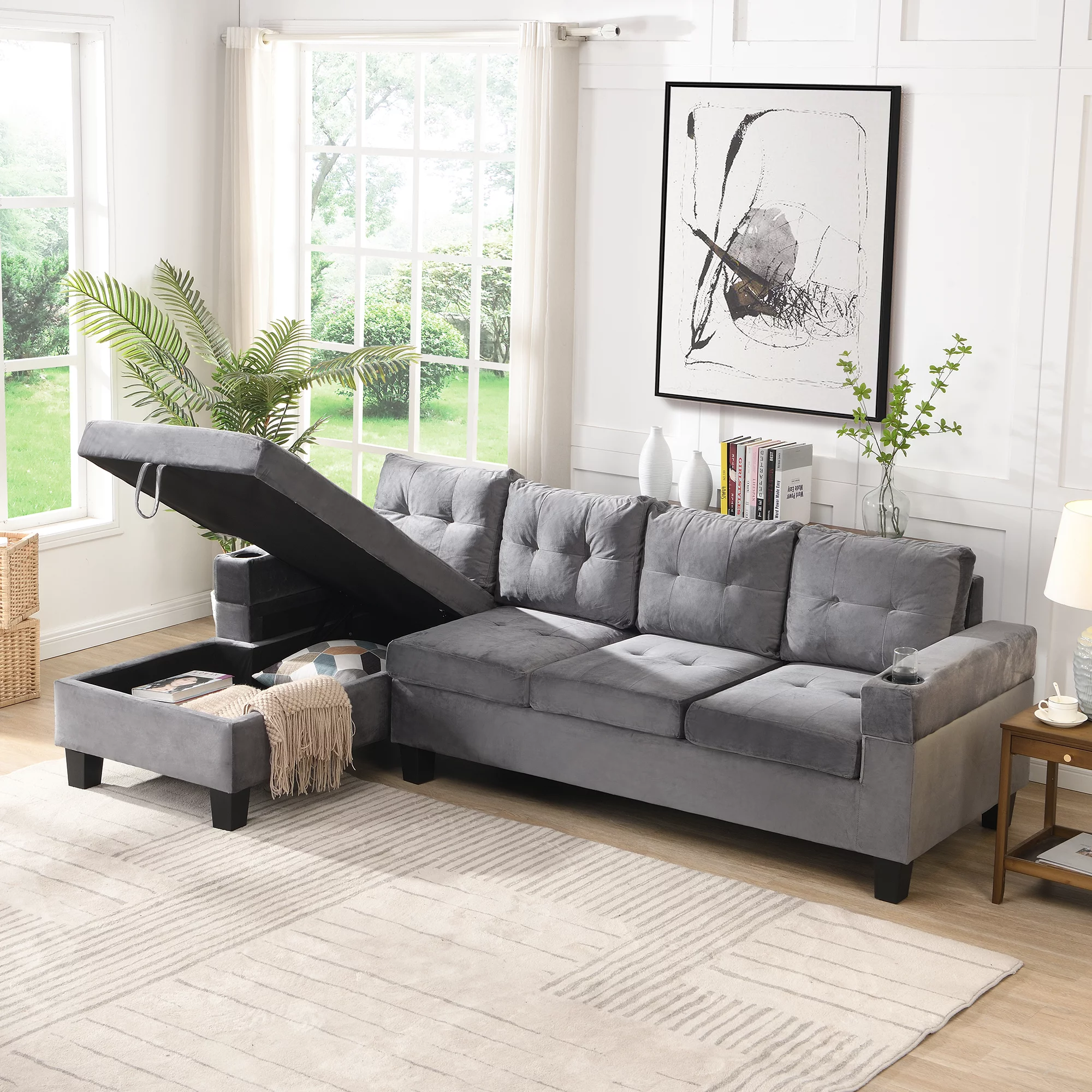 Sectional Sofa Set for Living Room with L Shape Chaise Lounge ,cup holder and Left Hand with Storage Chaise Modern 4 Seat (Grey) --LEFT CHAISE WITH STORAGE