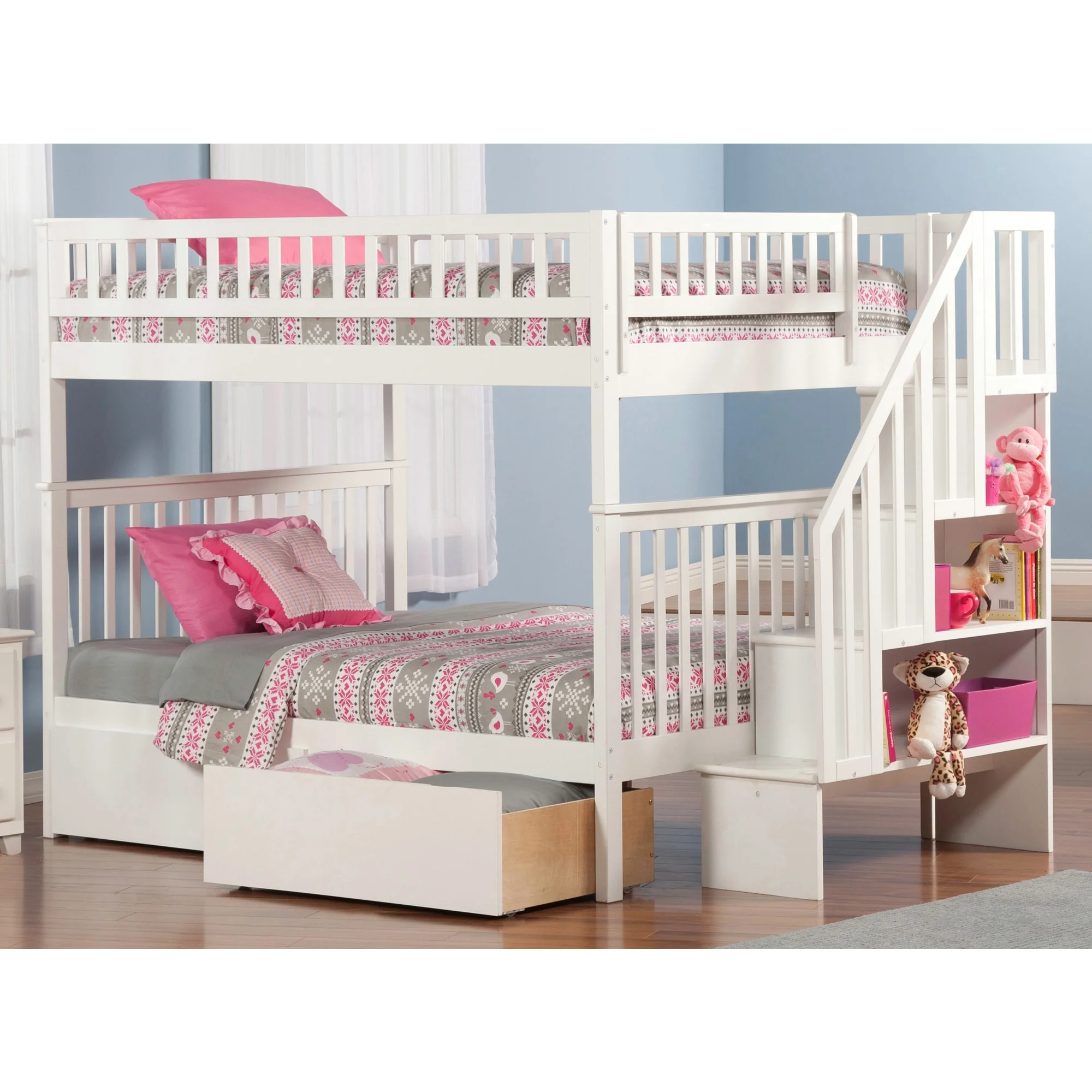 AFI Woodland Staircase Bunk Bed Full over Full with 2 Drawers in White