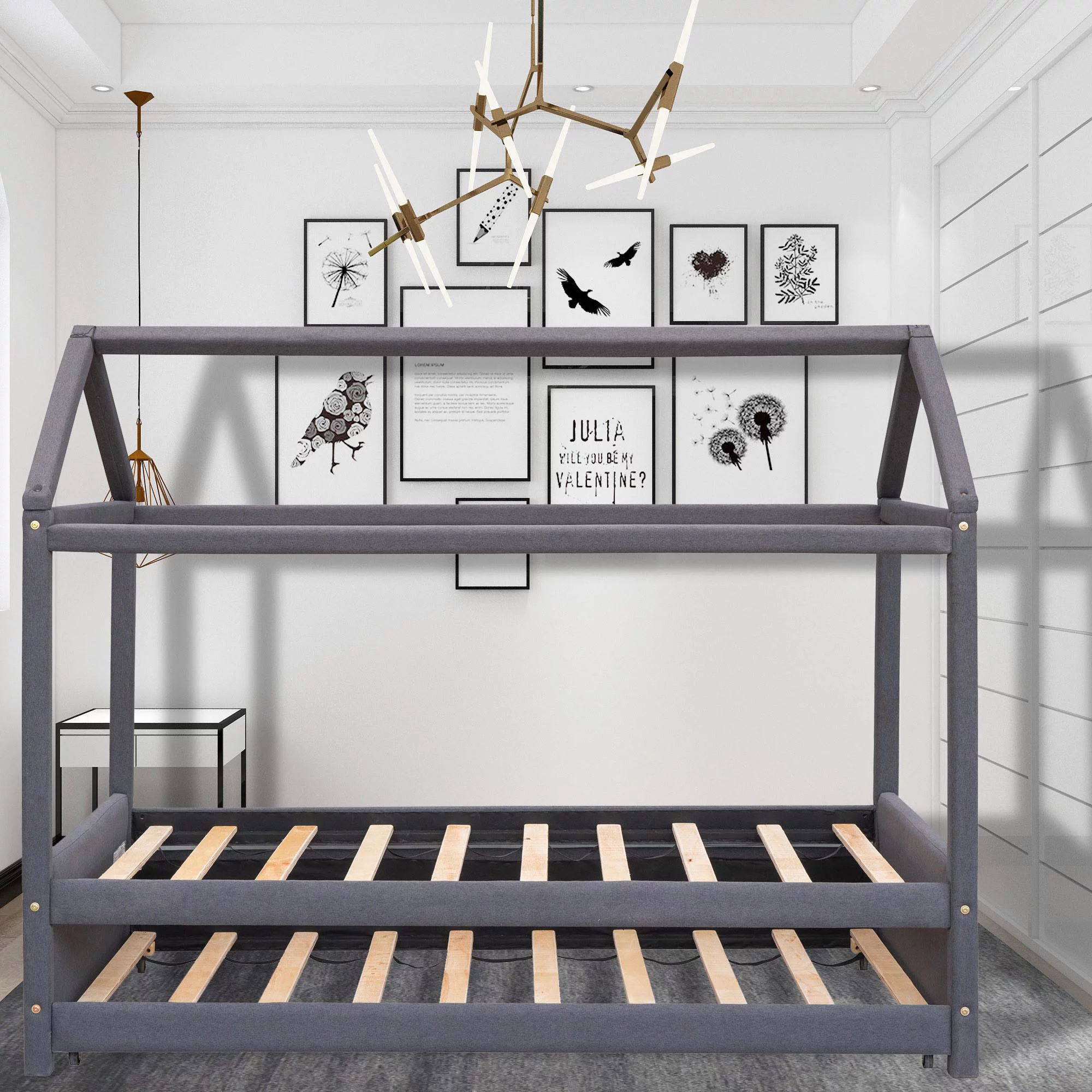 Twin Size Upholstered House Paltform Bed with Trundle,Grey