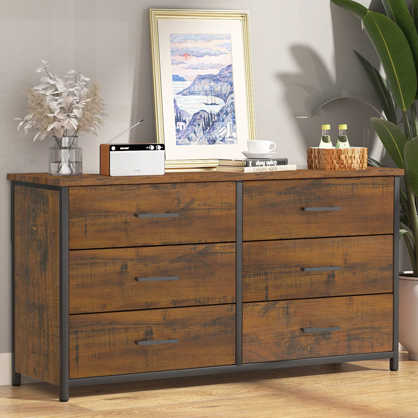 IKENO 6 Drawer Double Dresser, Industrial Wood Dresser for Bedroom, Sturdy Steel Frame