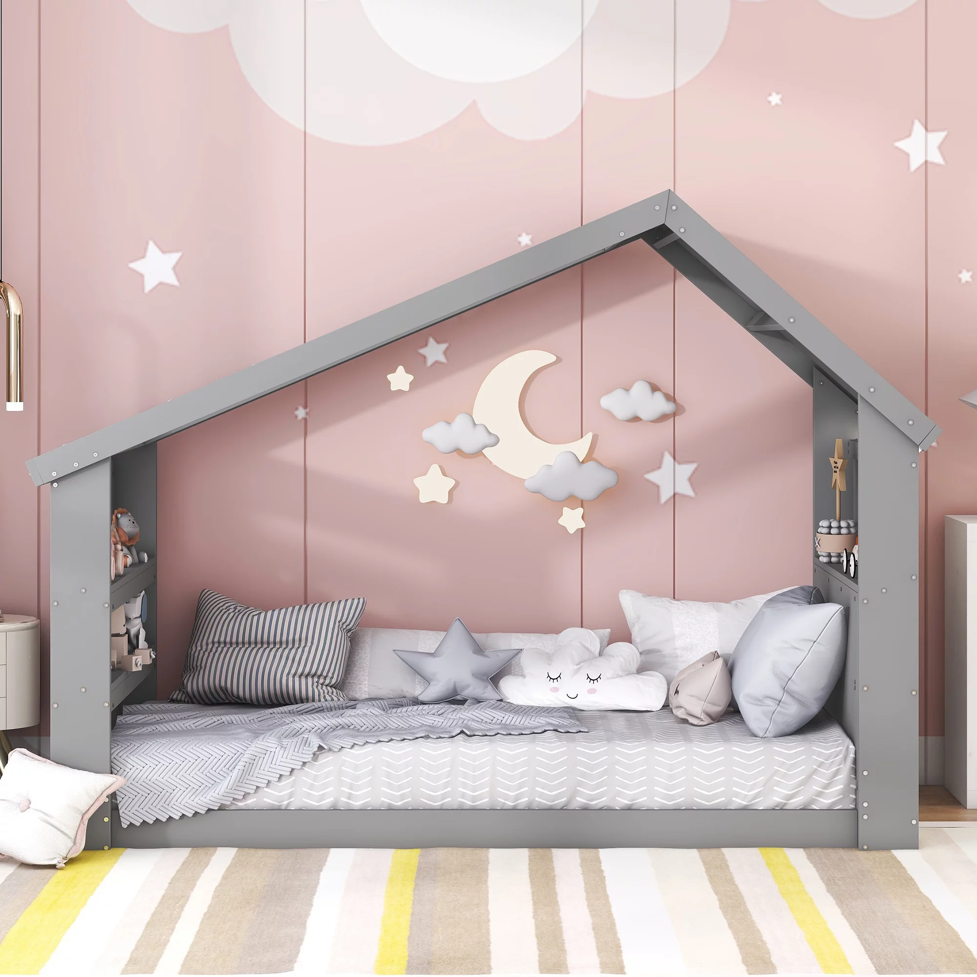 Bellemave House Bed for Kids, Wood Twin Size Montessori Bed with LED Lights, Kids Floor Bed Storage Headboard & Footboard, No Box Spring Needed（Gray)