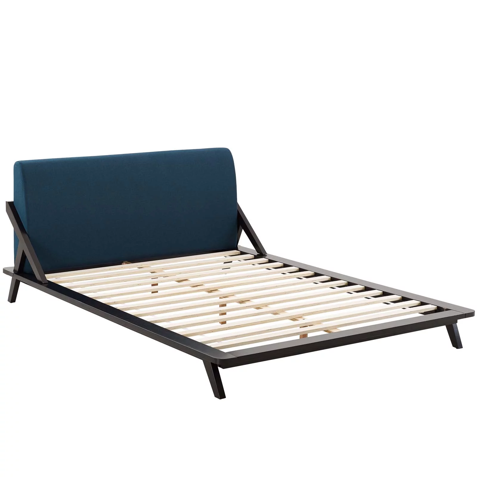 Modern Contemporary Urban Design Bedroom Queen Size Platform Bed Frame, Wood Fabric, Blue Brown Natural