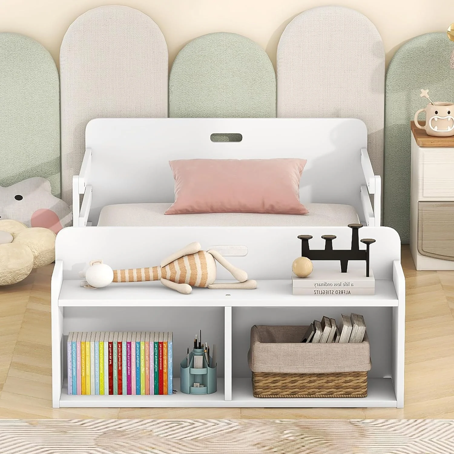 Floor Bed With Half Guardrail Wood Low Bed Frame With Storage Footboard