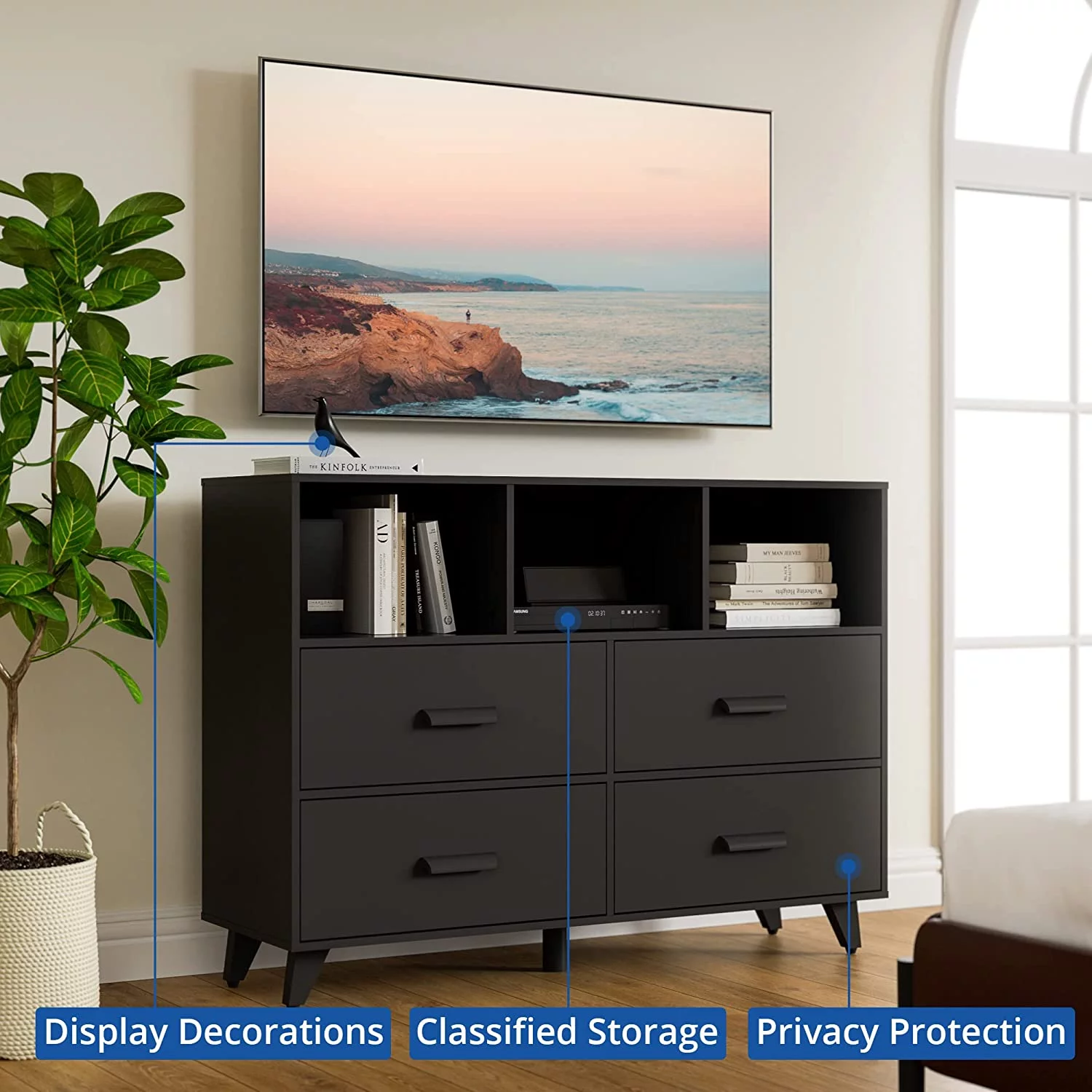 Cozy Castle Black Dresser for Bedroom, 4 Drawers Chest with 3 Open Shelves, Wide Dresser Drawer Organizers for Kids Bedroom, Mid-Century Modern Dresser for Bedroom, Living Room, Entryway, Black