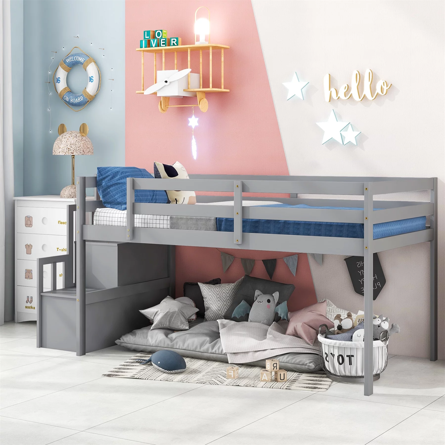 Low Twin Loft Bed Wood Loft Bed Frame for Kid's Rooms, Twin loft bed with Stairs Storage function and Safety Rails, for Kid Boys Girls Teens, Gray
