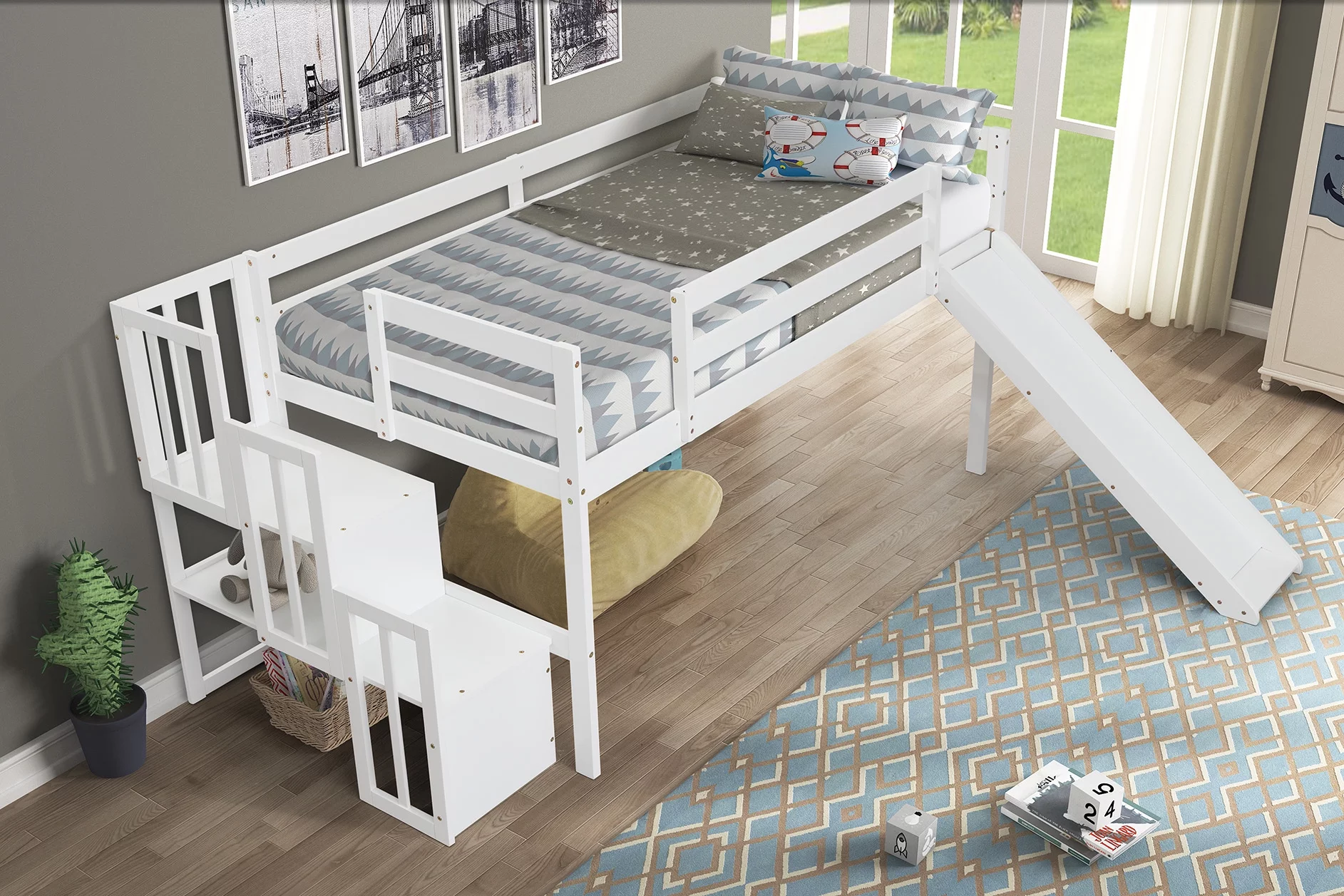 Anself Loft Bed with Staircase, Storage, Slide, Twin size, Full-length Safety Guardrails, No Box Spring Needed, White