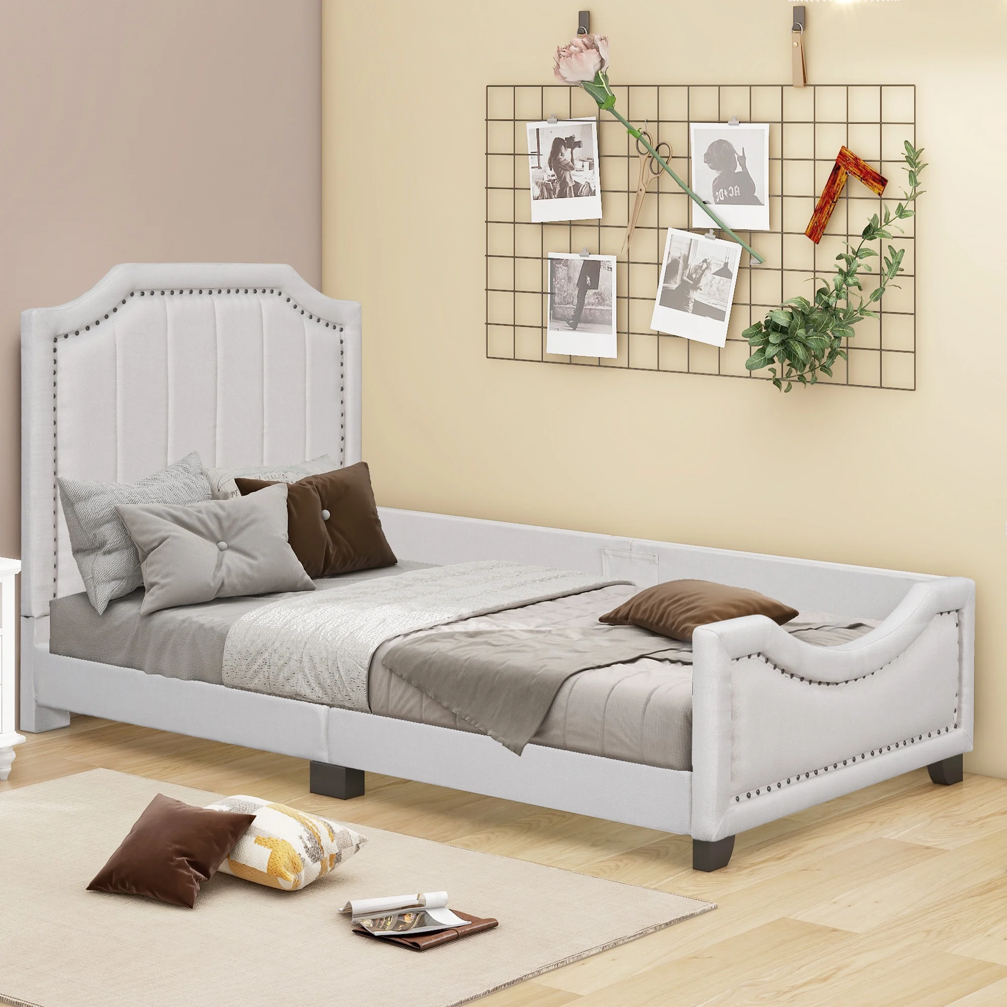 Twin Size Upholstered Bed Frame with Nailhead Trim Decoration, Guardrail, and Storage - Stylish Twin Bed with Functional Design-Beige