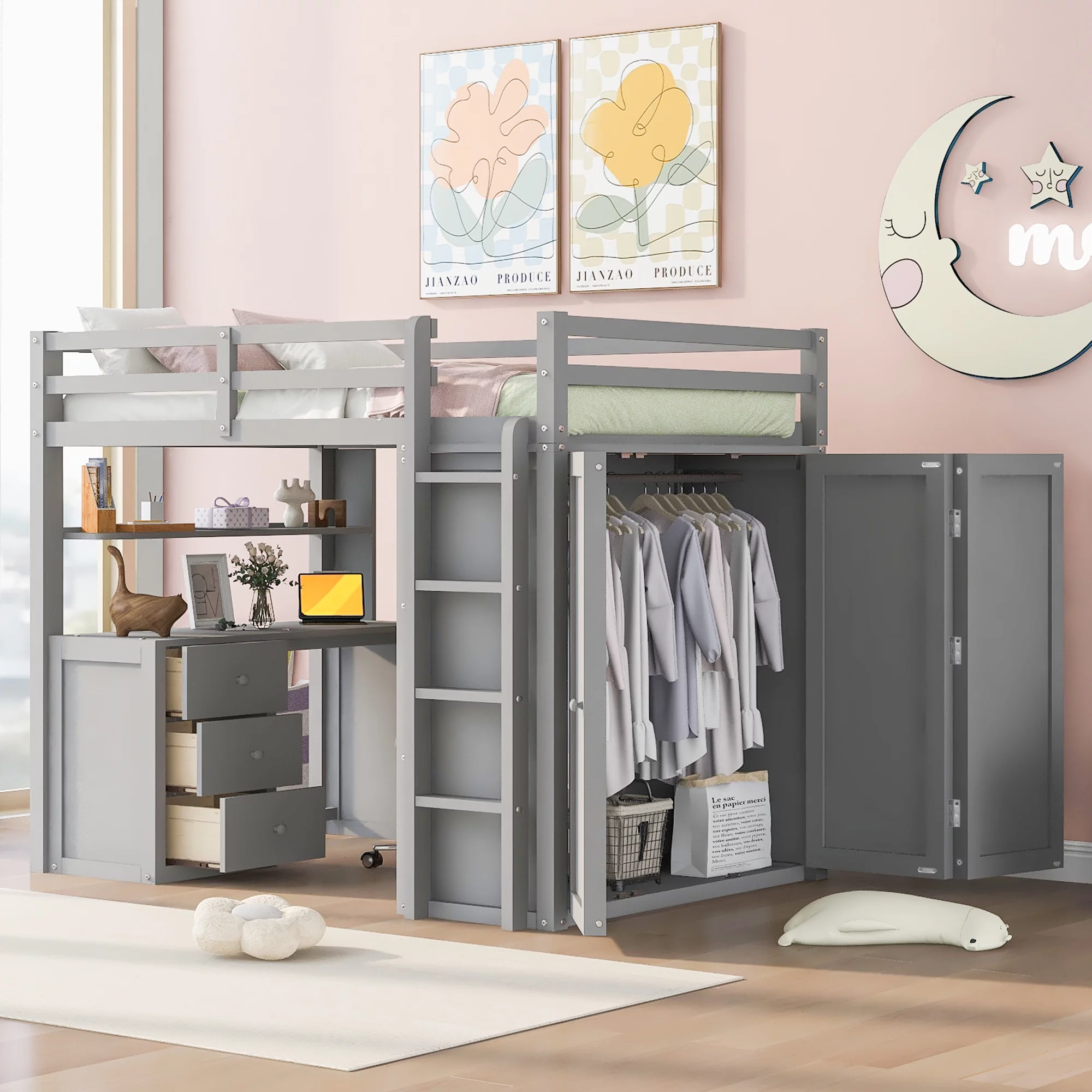 Churanty Full Size Loft Bed with Wardrobe and Built-in Desk, Solid Wood High Loft Bed Frame with Storage for Kids,Gray