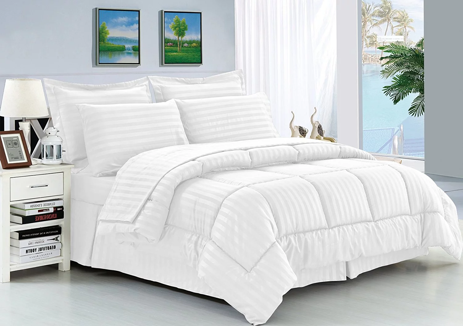 Elegant Comfort Wrinkle Resistant - Silky Soft Dobby Stripe Bed-in-a-Bag 8-Piece Comforter Set --HypoAllergenic - Full/Queen, White