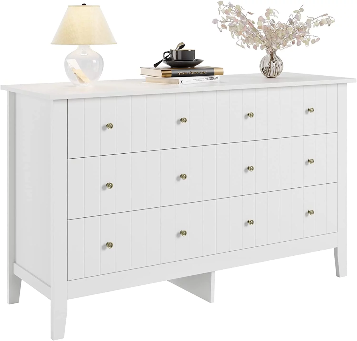 White Dresser, Chest of Drawers, Modern 6 Drawer Double Dresser with Deep Drawers, Wide Storage Organizer Cabinet for Living Room, Hallway