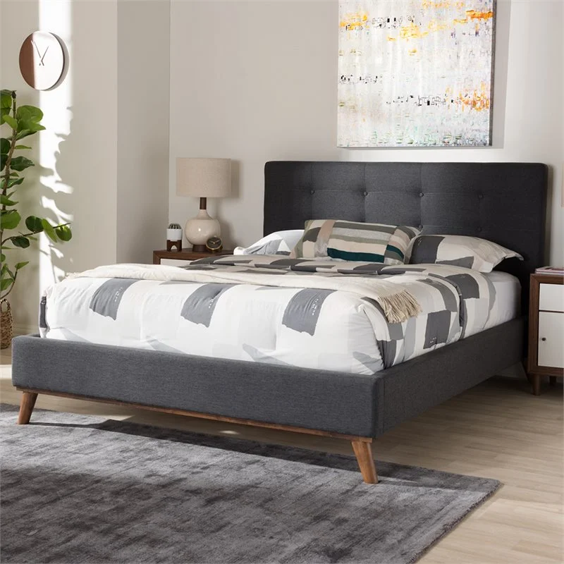 Bowery Hill Upholstered Queen Platform Bed in Dark Gray