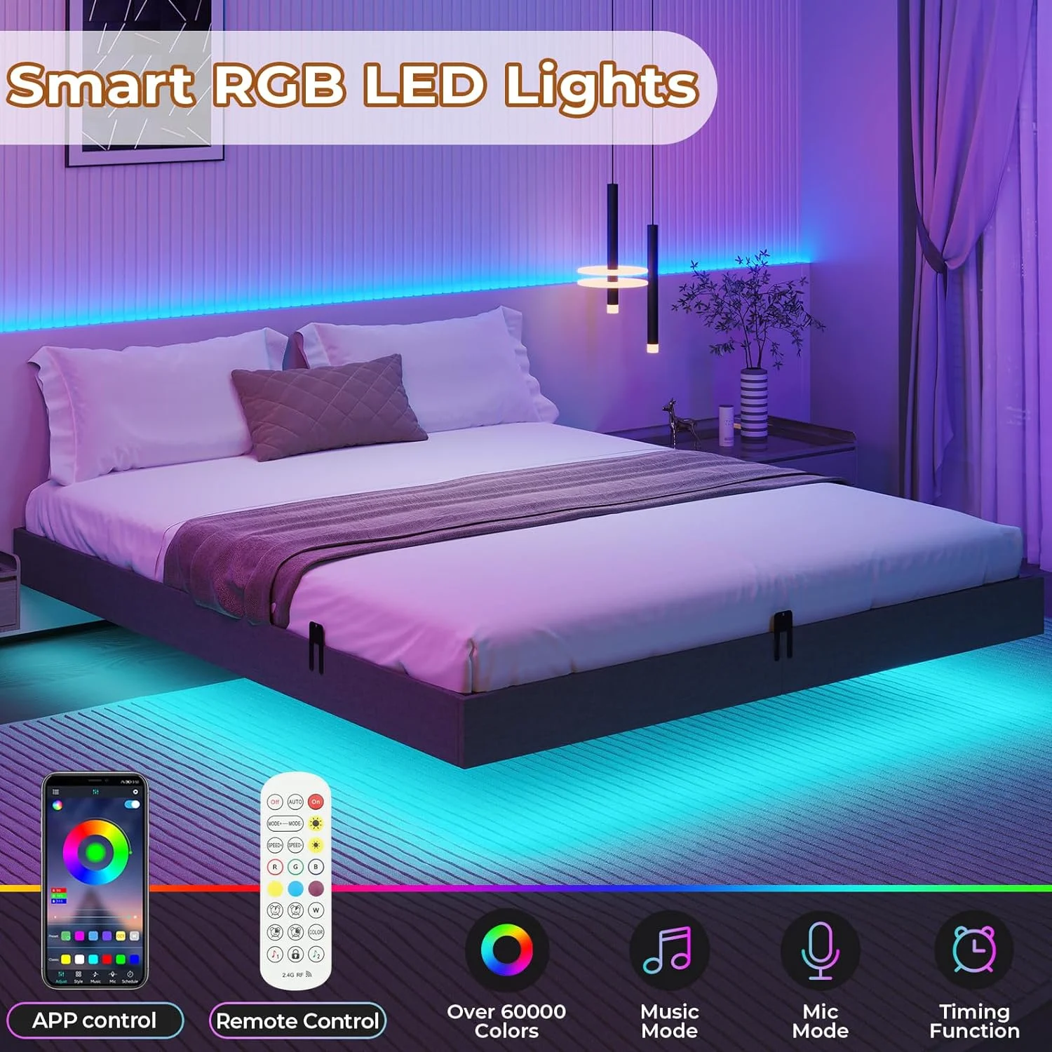 Floating Bed Frames King Size Meral Platform Bed with LED Lights&Linen Fabric, No Box Spring Needed, Dark Gray