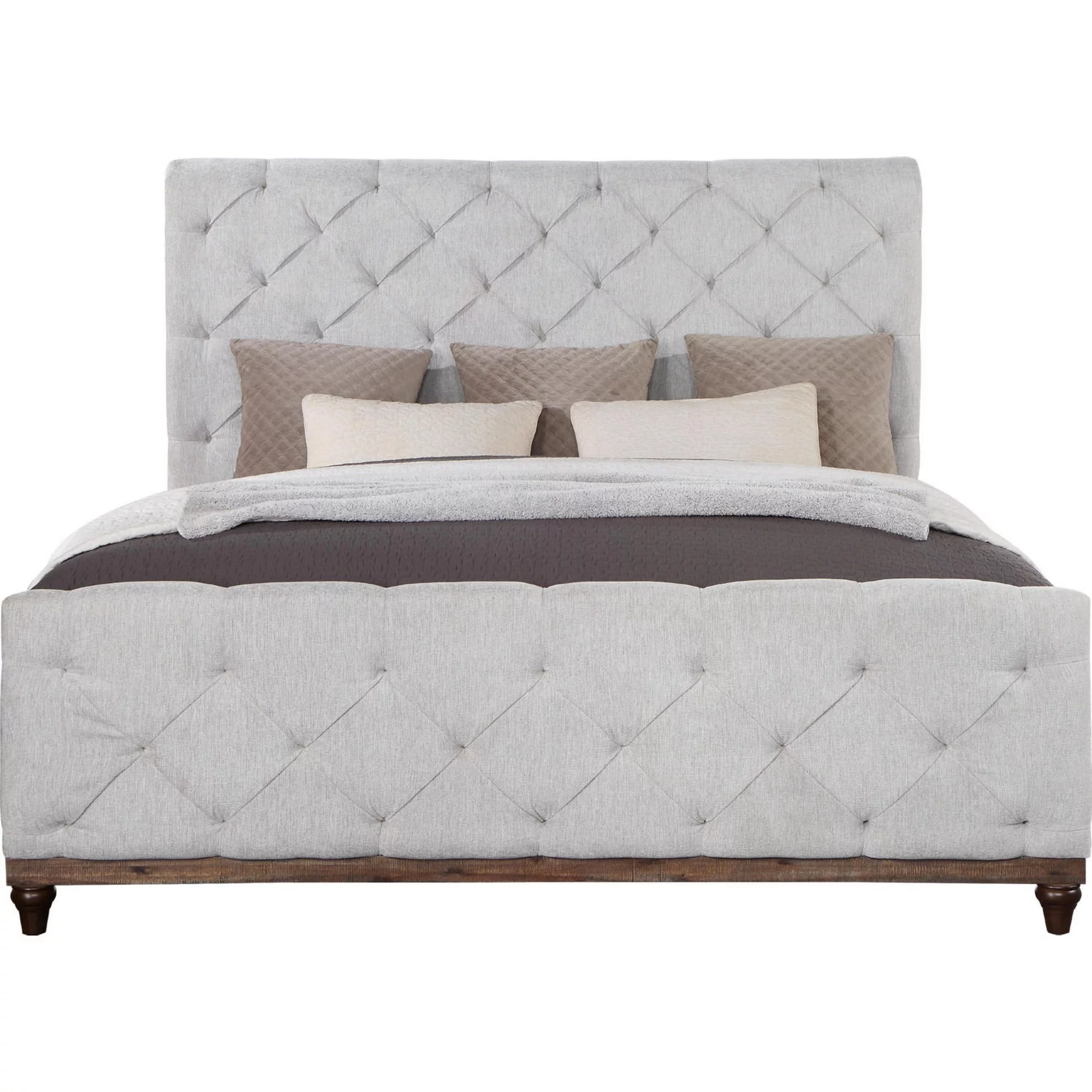 Liza Wood Modern King Size Bed, Button Tufted, Brown Frame, Beige Fabric