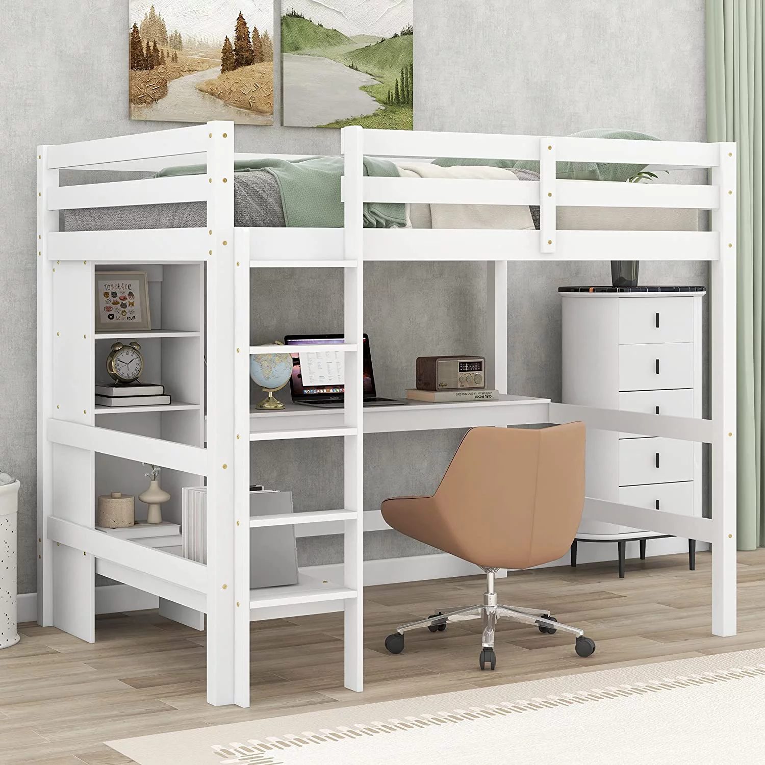 Full Size Loft Bed With Storage Shelves And Under-Bed Desk For Kids, Bedroom, Study Wood Bedframe, Space-Saving, No Spring Box Needed(White)