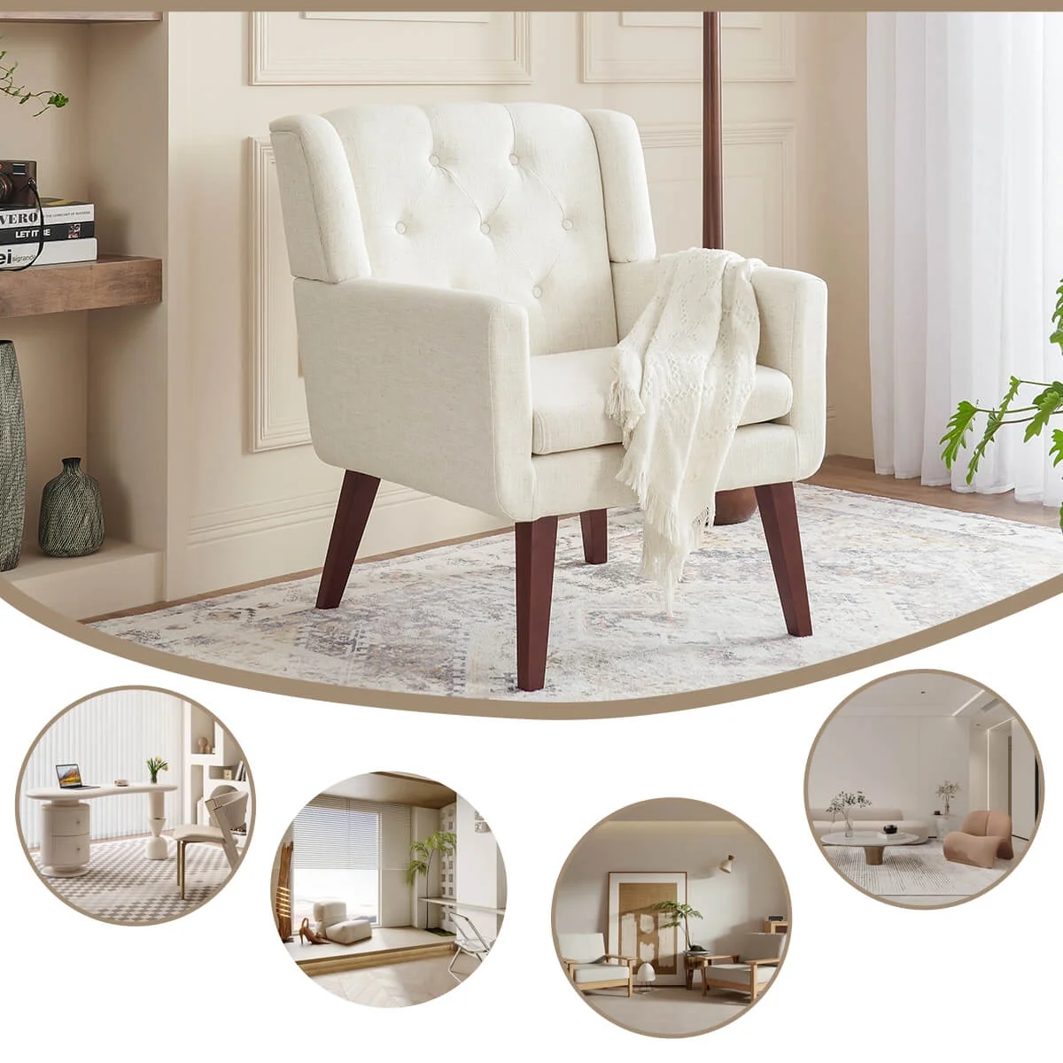 Accent Chair, Comfy Upholstered Mid Century Modern Armchair, Button-Tufted with Linen Fabric Lounge Arm Chairs for Living Room Bedroom (Beige)