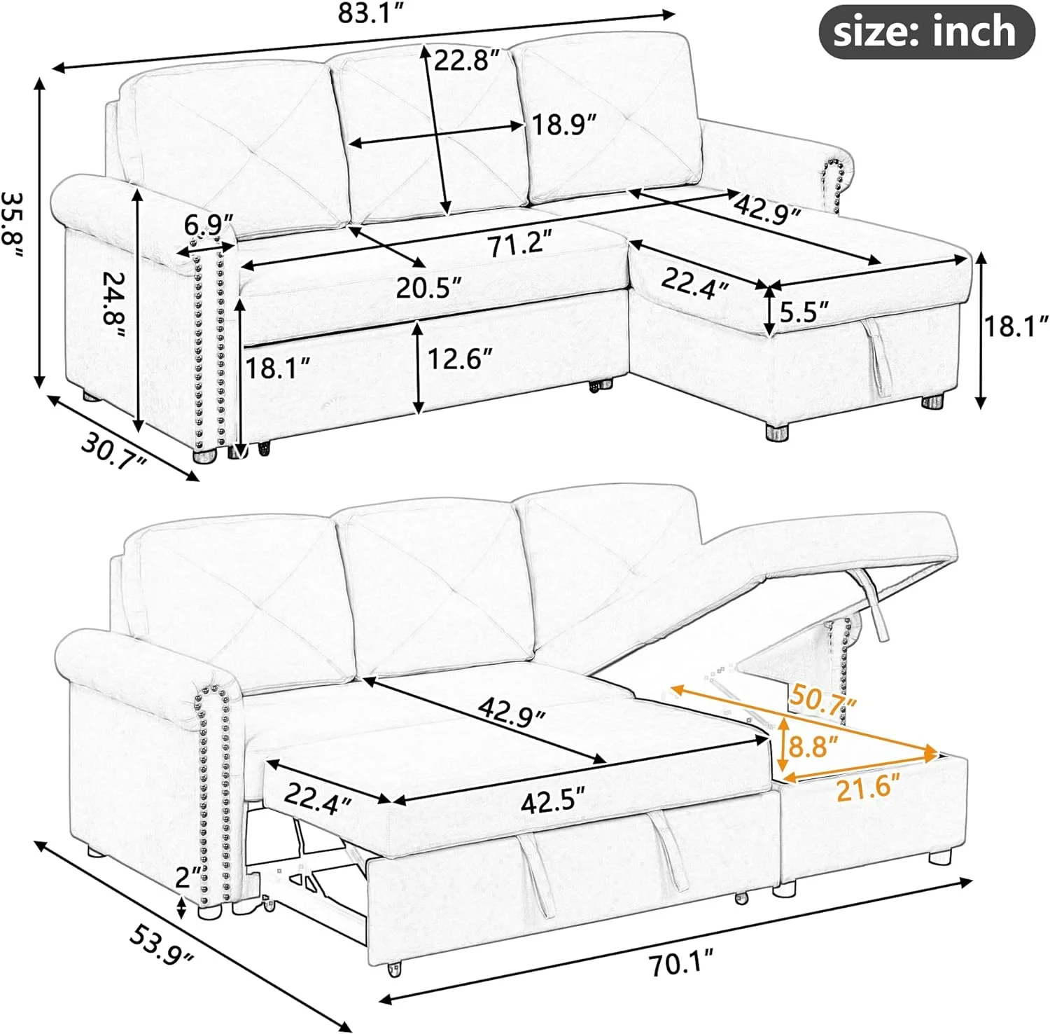 Convertible Pull-Out Sleeper Sofa Bed W/Storage Chaise Lounge, L-Shape 3-Seat Linen Corner Sofa Couch With Button Tufted Design And Copper Nailhead Trim (Beige)