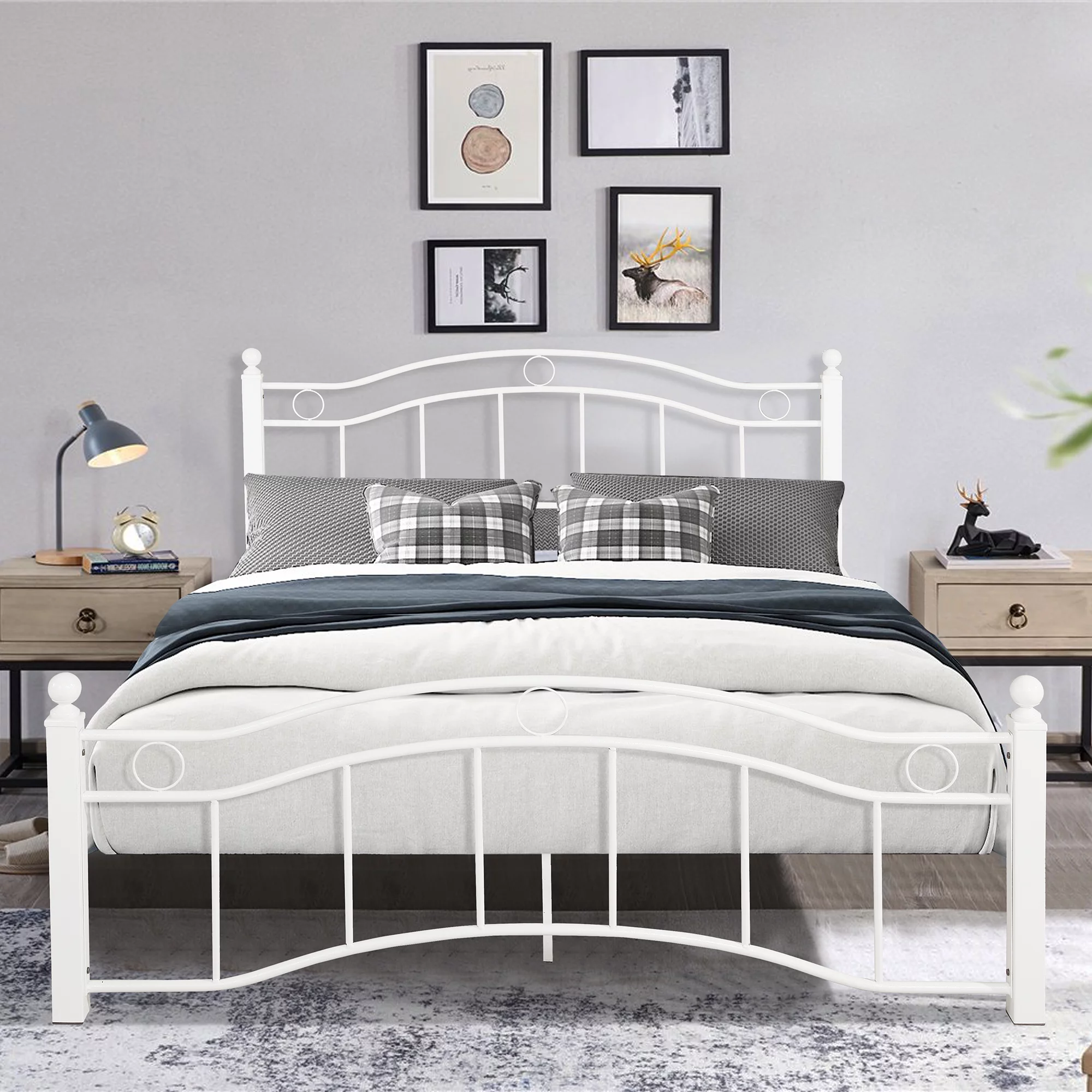 Royard Oaktree Queen Metal Bed Frame with Headboard and Footboard Vintage Platform Bed Frame with Premium Steel Slat Support Mattress Foundation, No Box Spring Needed, White