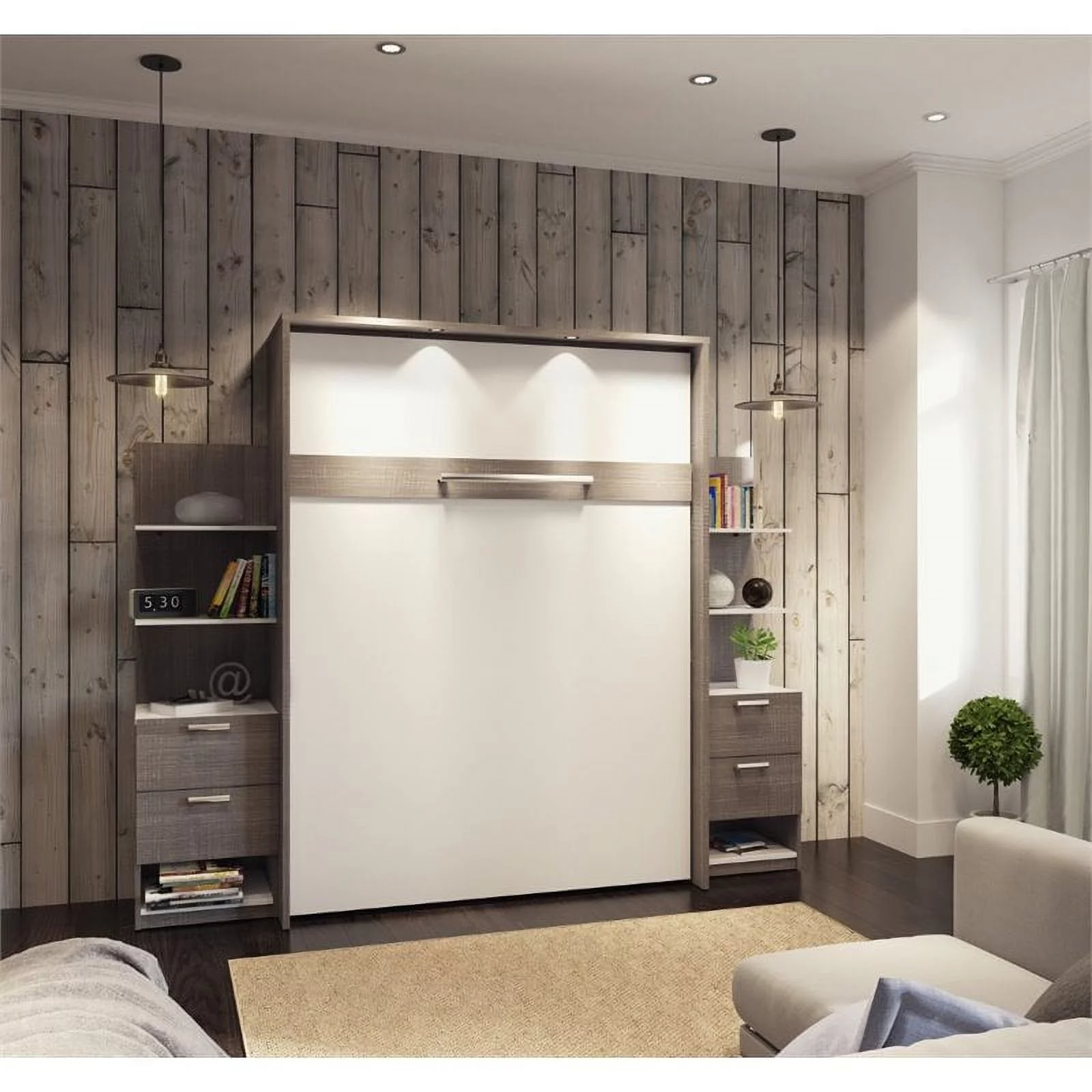 Atlin Designs Wood Queen Murphy Bed with Nightstands in Bark Gray/White