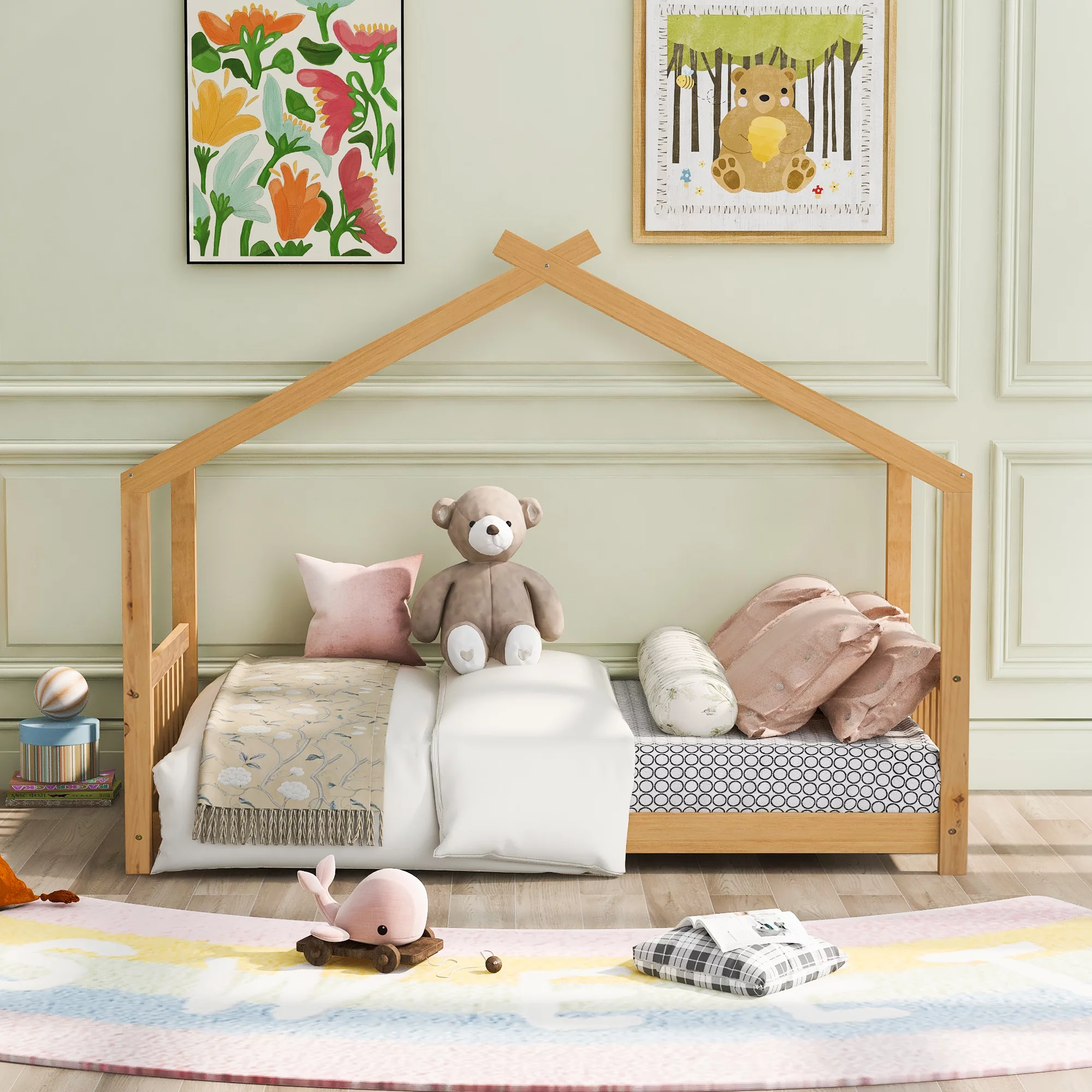 Twin Size House Bed Frame Loft Beds Wood Kids Bed with Headboard and Footboard, Roof Design for Boys Girls Children Bedroom Furniture, No Box Spring Needed