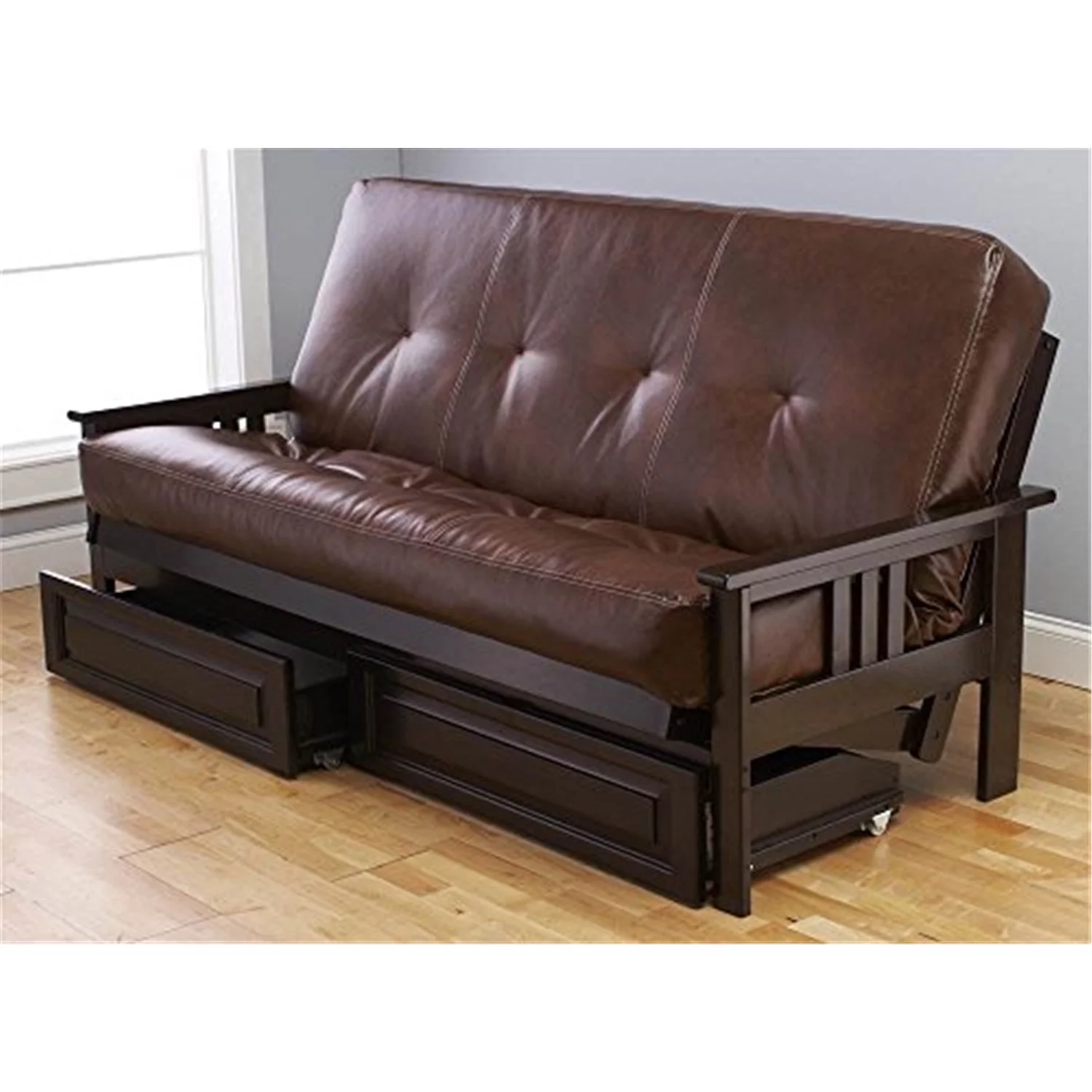 Homestock Retro Relaxation Full Futon Frame with Storage Drawers, Color:Espresso/Light Brown