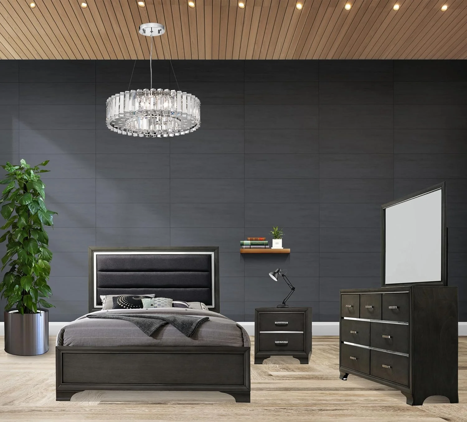 Kings Brand Furniture – 4-Piece Gray Wood with Faux Leather Headboard Queen Bedroom Set. Bed, Dresser, Mirror & Nightstand