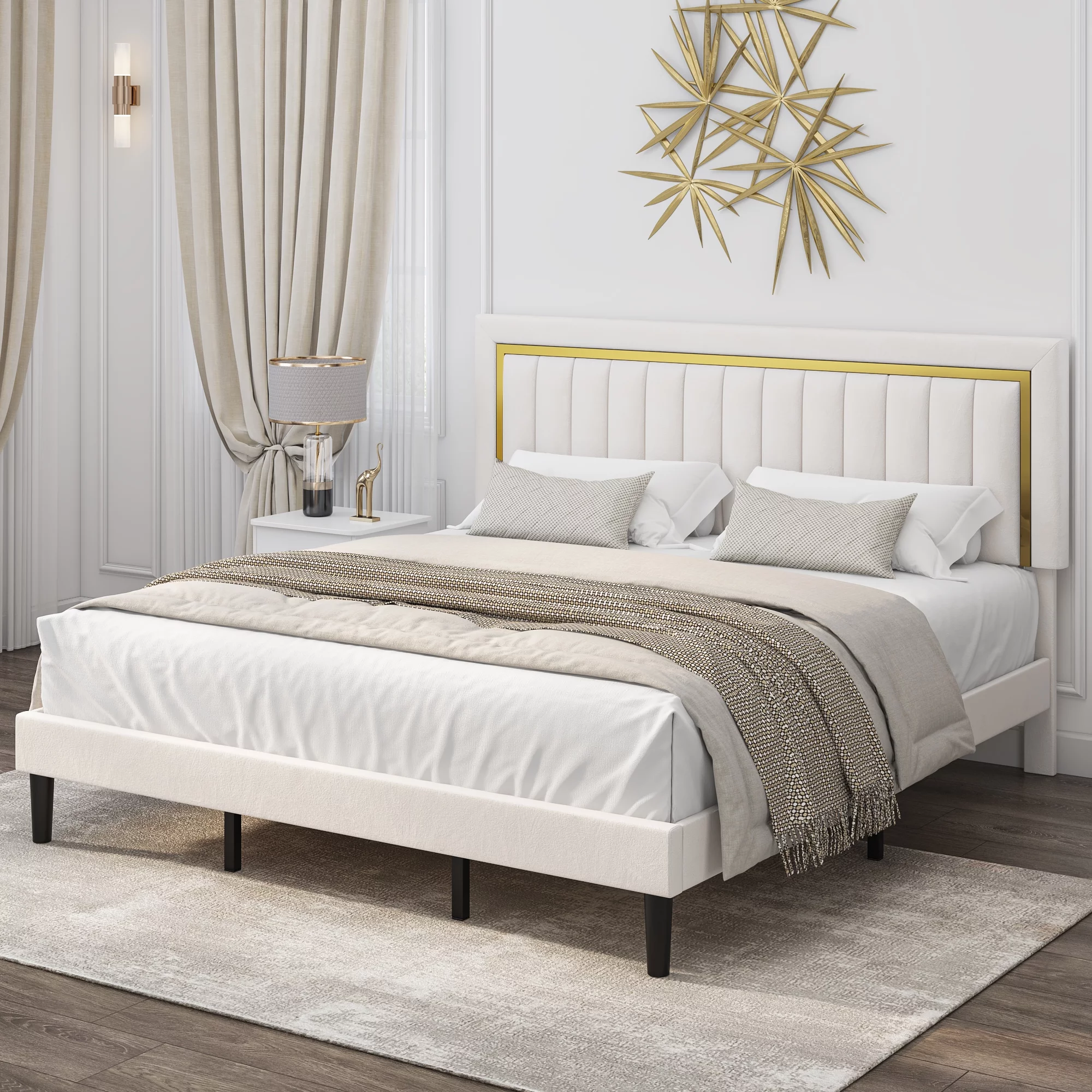 Homfa King Bed Frame, Velvet Tufted Upholstered Platform Bed with Adjustable Gold Trim Headboard, Beige