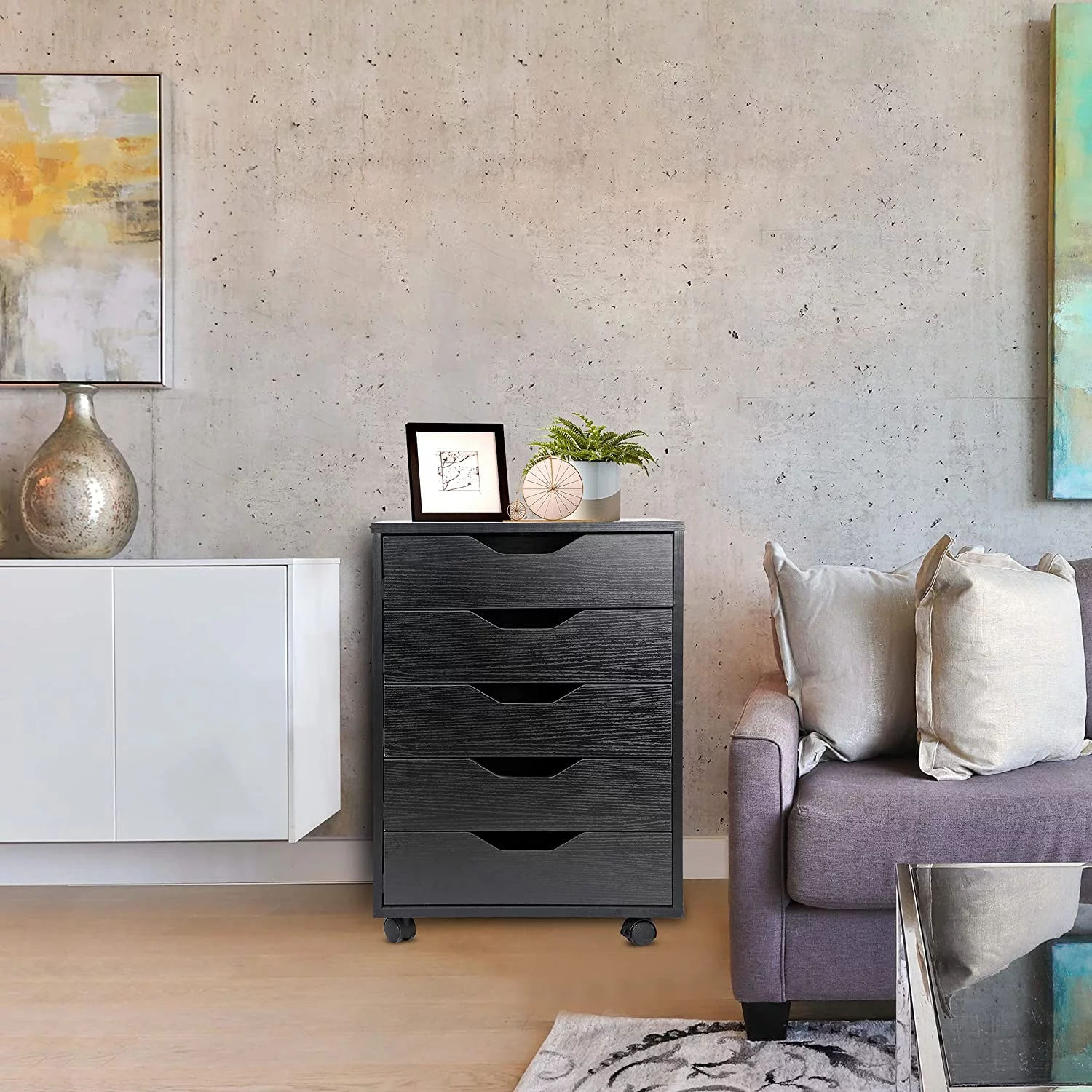 5 Drawers Cabinet Home Office Storage Organization Cabinet with Wheel,Mobile Dresser for Living Room,Black