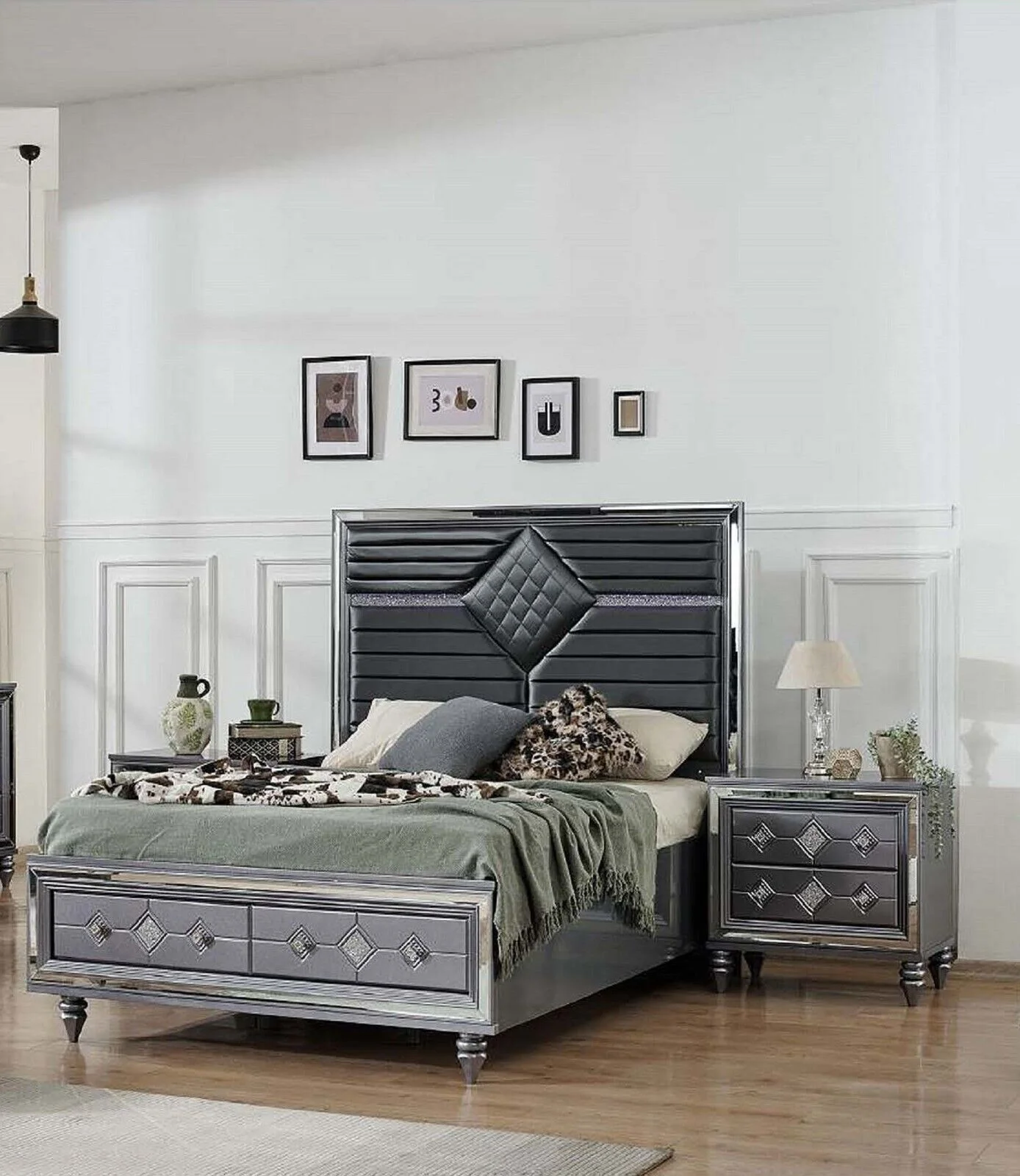 3pc Luxury Dark Gray Queen Bed w/LED Headboard Nightstand Bedroom Set